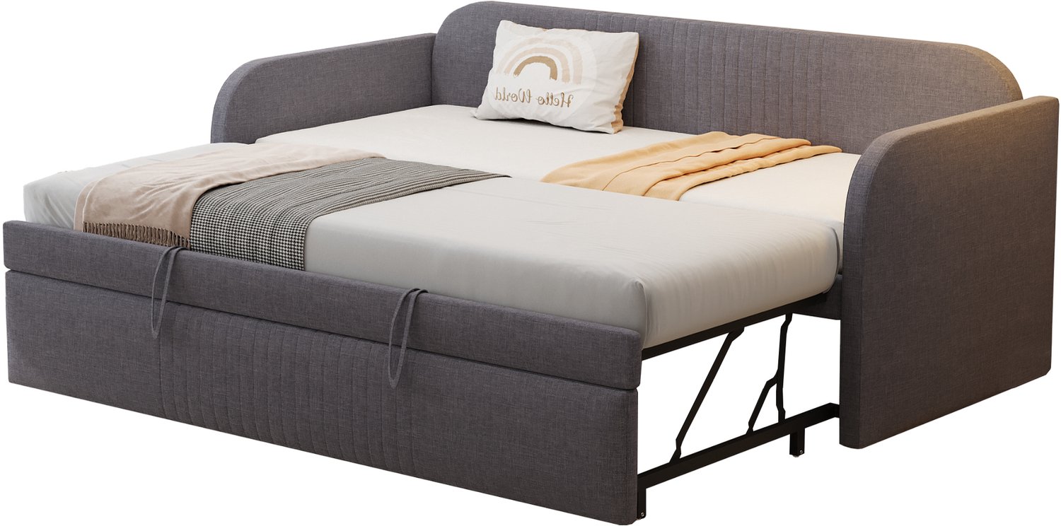 MUVANO Uitschuifbare slaapbank 90 x 190 cm - slaapbank 180 x 190 cm - met lattenbodem, linnen bekleding en verticale strepen, grijs voor logeerkamer
