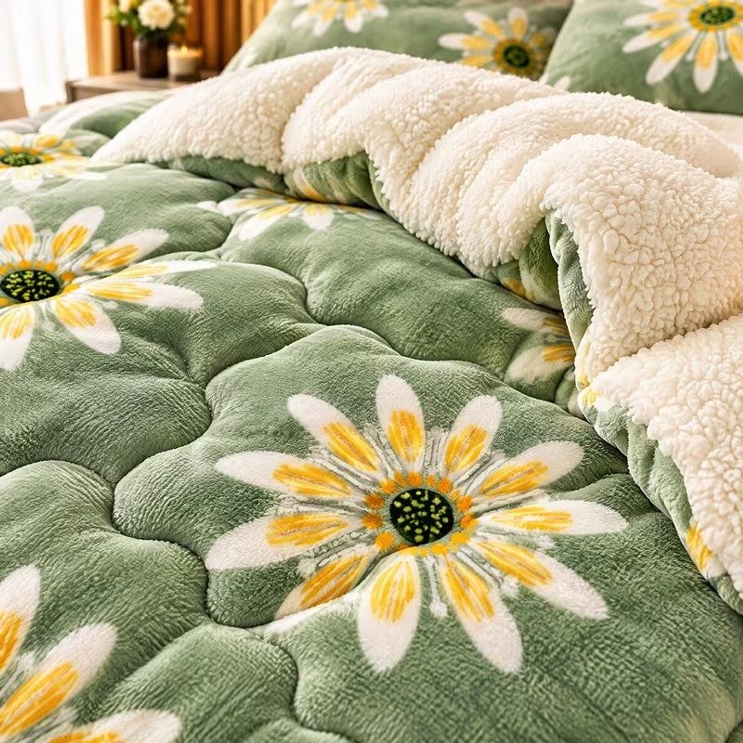 J.T.R Warme Winterdeken met Sherpa Voering - Gewatteerde Sprei met Madeliefjesprint - Zonnebloem Groen - 155x220 cm - Fluffy Plaid voor Bank en Bed.