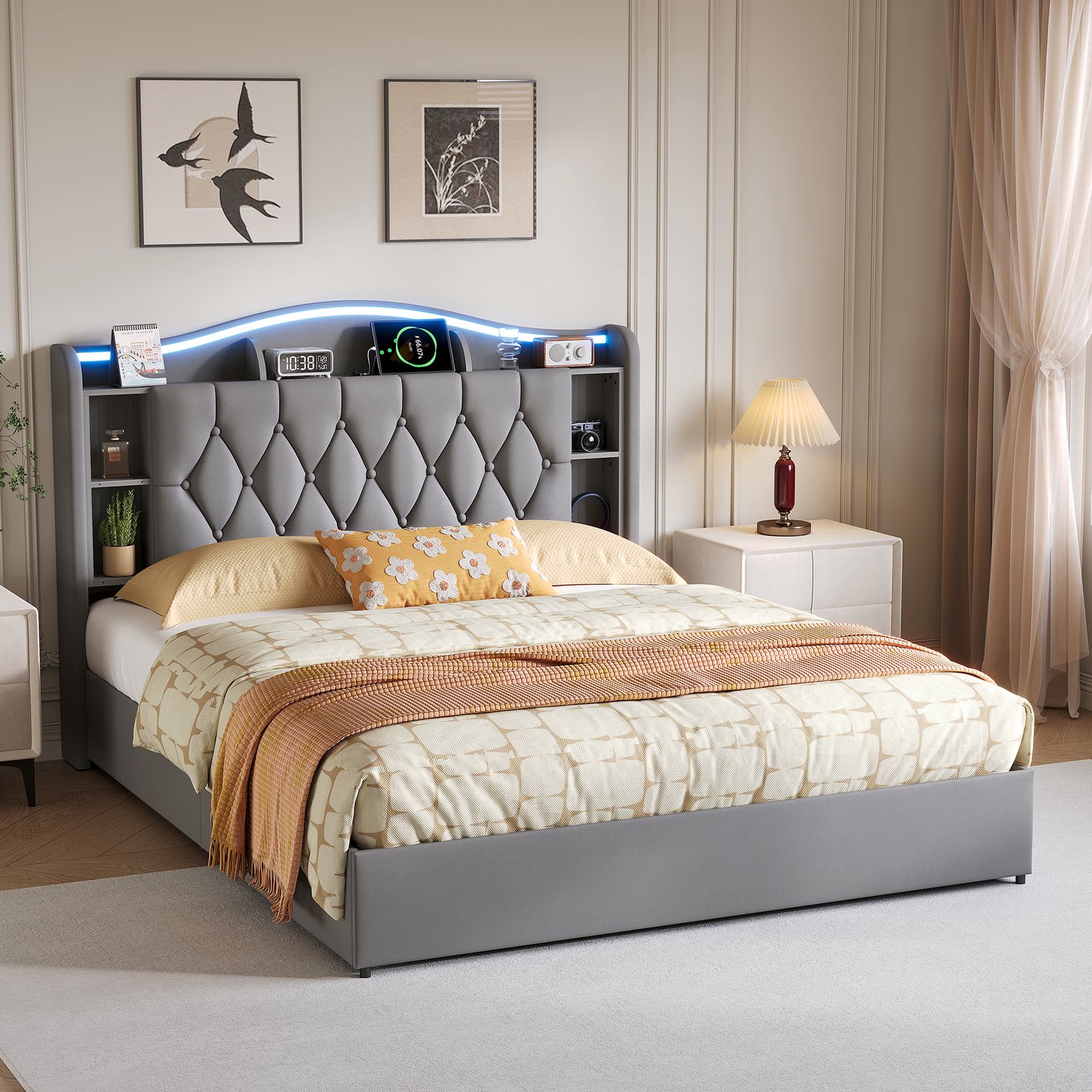 Yelenaro Gestoffeerd bed 140x200 cm met LED-Verlichting, Type-C- en USB-Aansluitingen, Hydraulisch Tweepersoons bed met 7 Opbergvakken in het Hoofdeinde, Fluweel Grijs
