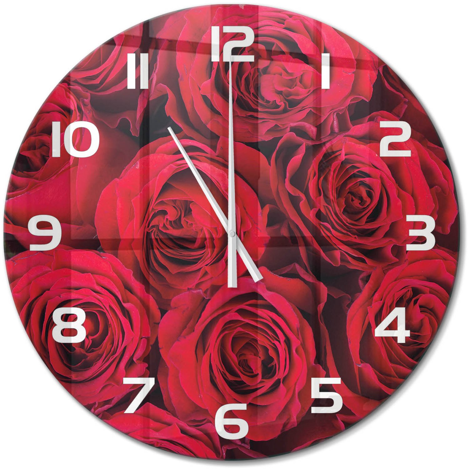 TULUP Wandklok - Rozen Wandklok Glas Decoratie - fi60 cm - Rood Gekleurde Glazen Klok - Witte handen - Ronde Klok - Klok Glas Met Opdruk - Moderne Wandklok Glas