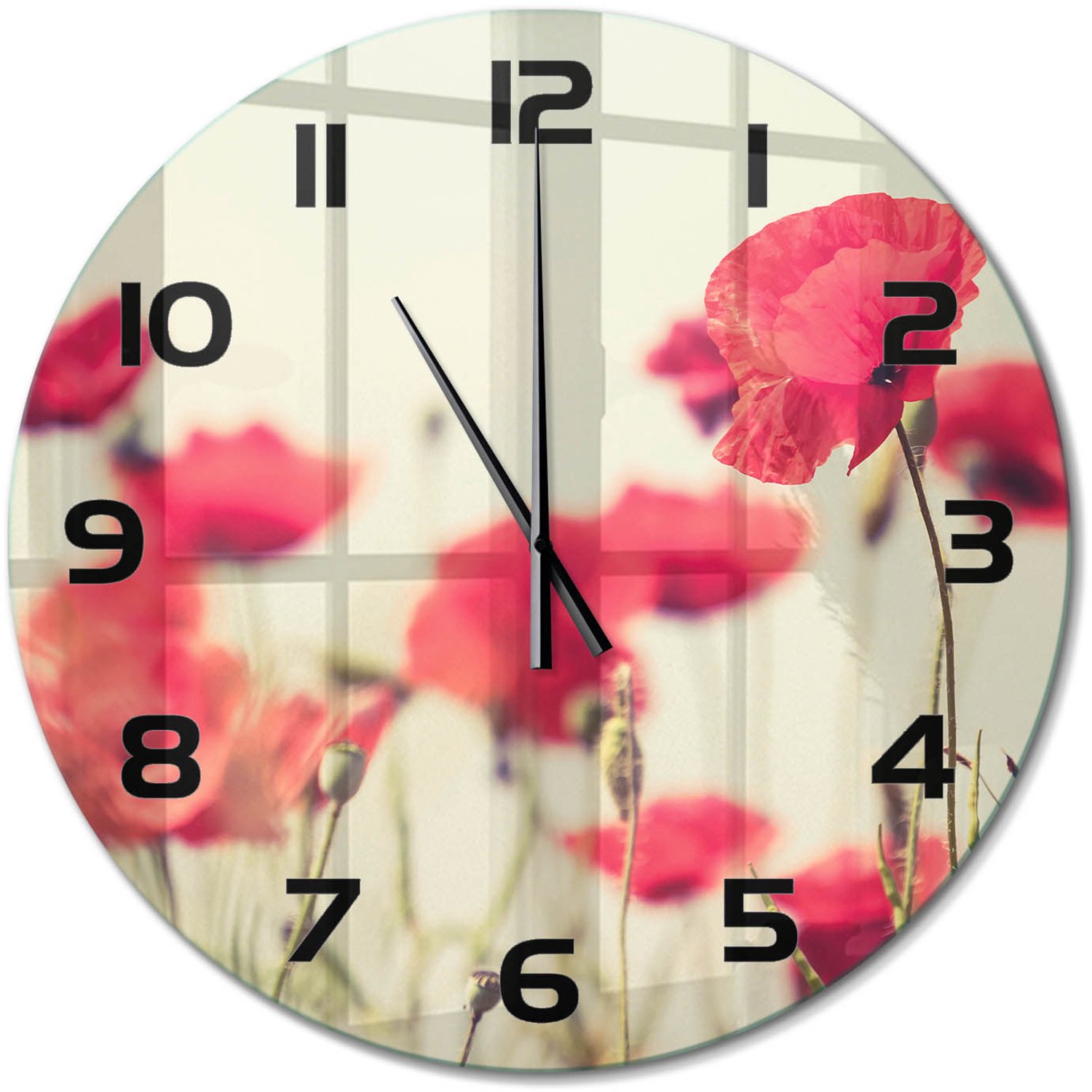 TULUP Wandklok - Veldklaproos Moderne Wandklok Glas - fi60 cm - Rood Wandklok Glas Decoratie - Zwarte handen - Ronde Klok - Glazen Wandklok Design - Klok Glas Met Opdruk
