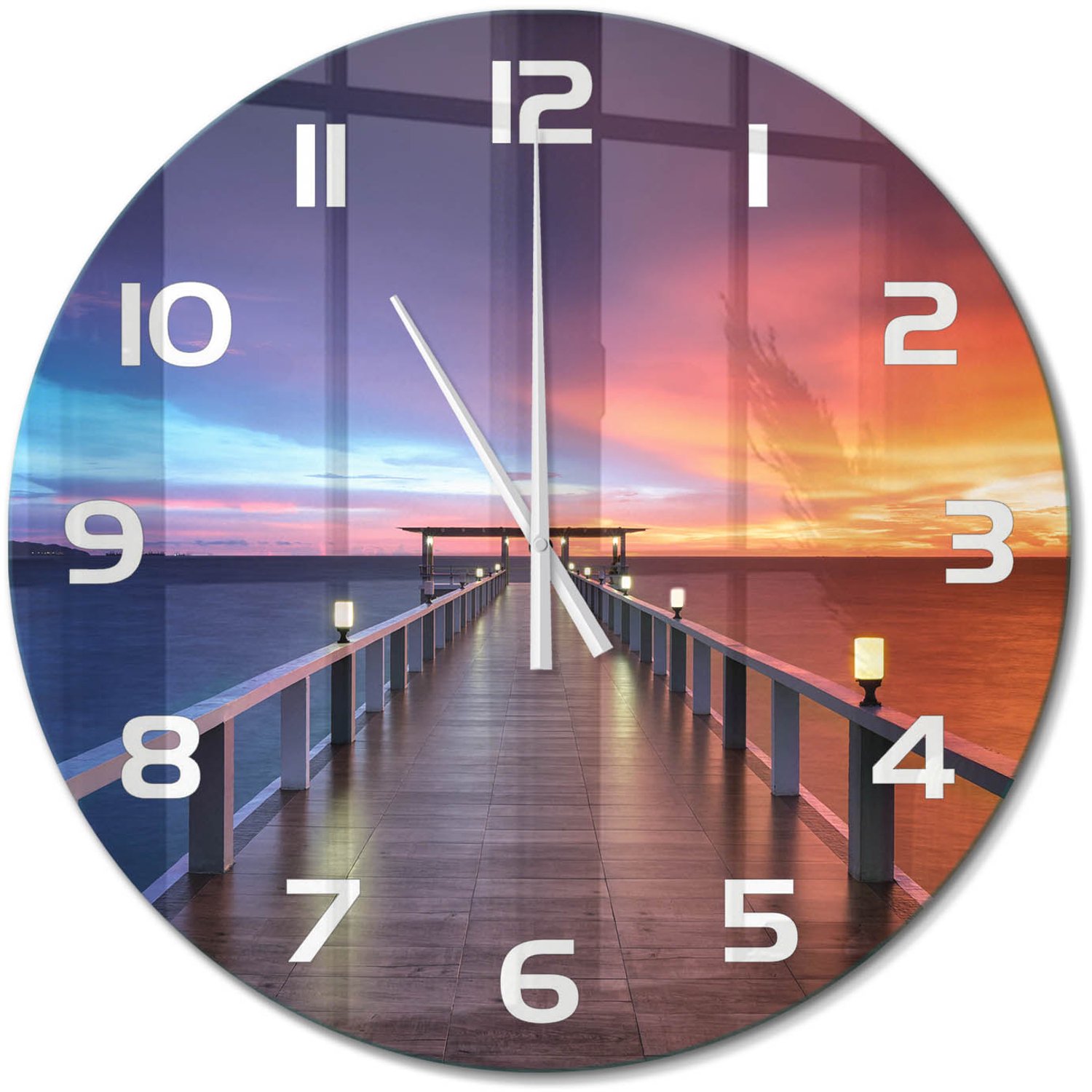 TULUP Wandklok - Houten brug Decoratieve Glazen Klok - fi60 cm - Oranje Glazen Wandklok Design - Witte handen - Ronde Klok - Glazen Klok Met Print - Wandklok Glas Met Motief