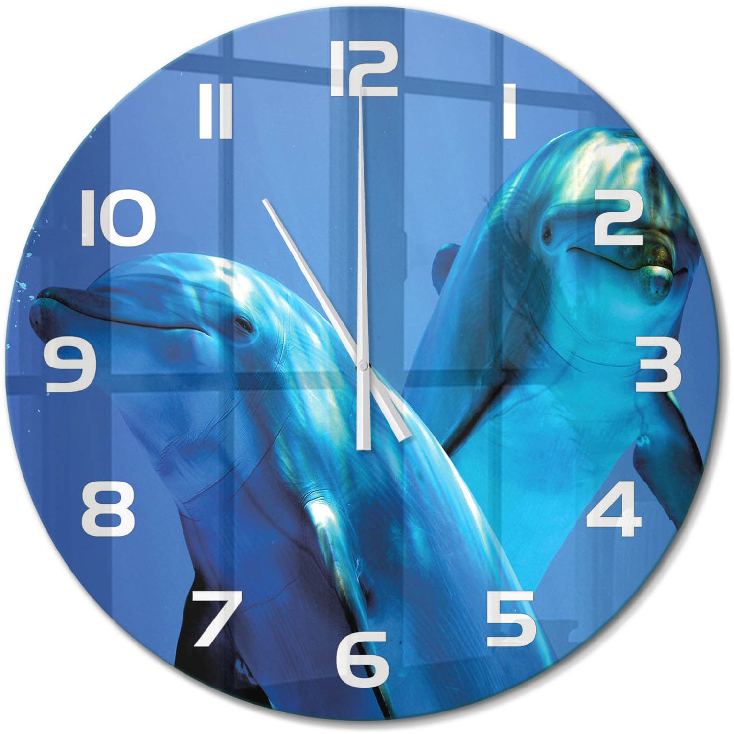 TULUP Wandklok - Twee dolfijnen Klok Glas Met Opdruk - fi60 cm - Blauw Moderne Wandklok Glas - Witte handen - Ronde Klok - Decoratieve Glazen Klok - Glazen Wandklok Design