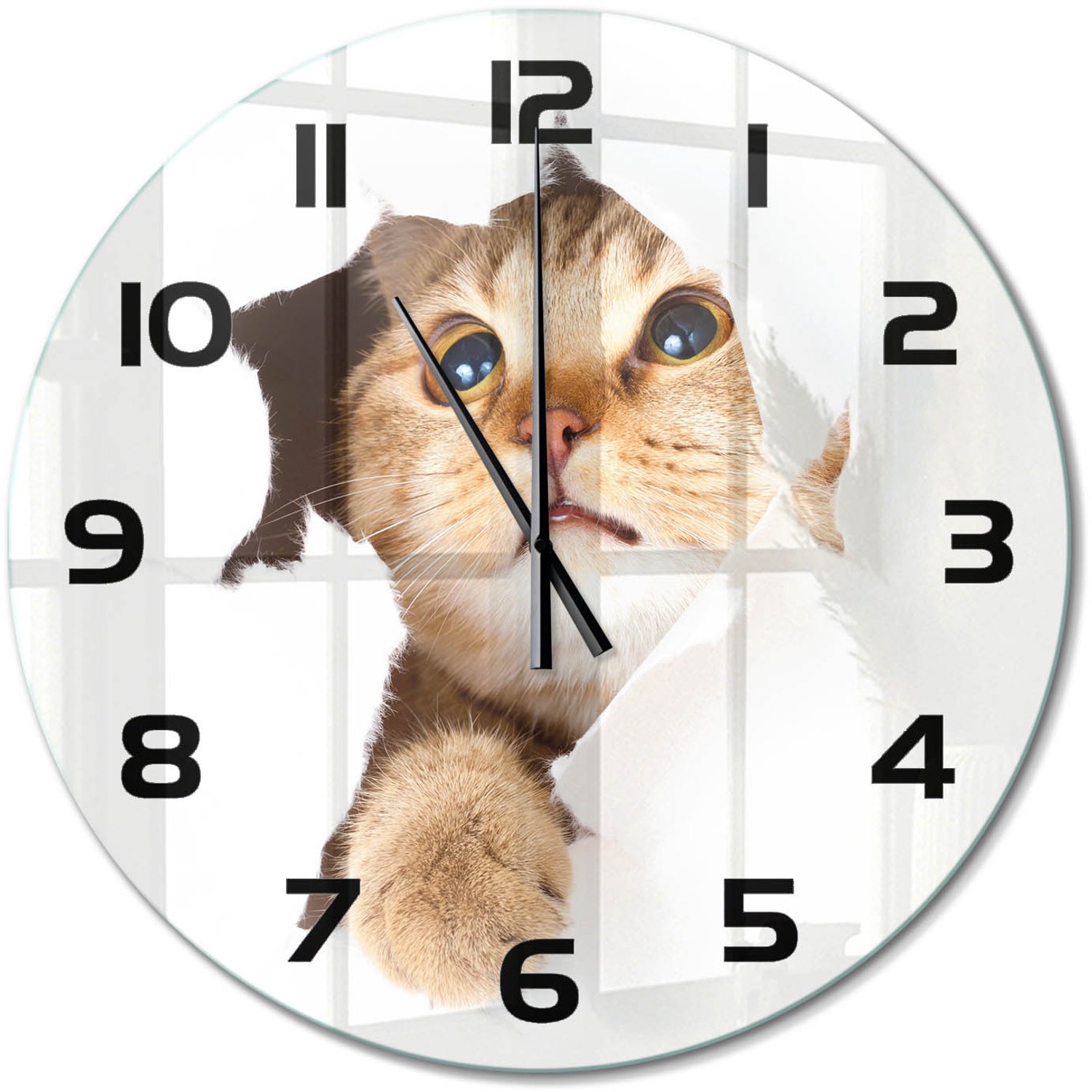 TULUP Wandklok - Kat in het gat Glazen Wandklok Design - fi60 cm - Beige Klok Glas Met Opdruk - Zwarte handen - Ronde Klok - Wandklok Glas Met Motief - Decoratieve Glazen Klok