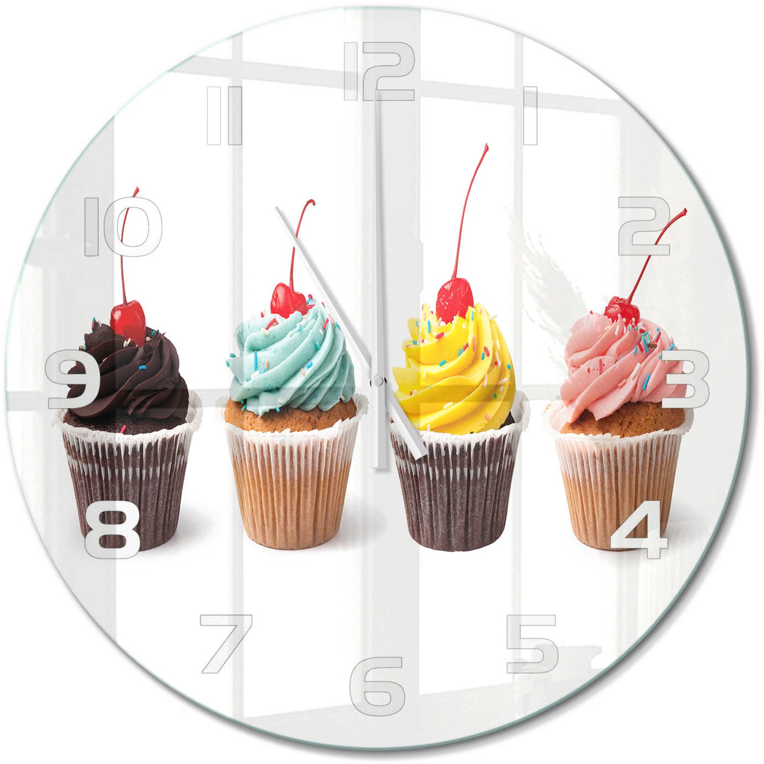TULUP Wandklok - Muffins Klok Glas Met Opdruk - fi60 cm - Veelkleurig Moderne Wandklok Glas - Witte handen - Ronde Klok - Decoratieve Glazen Klok - Glazen Wandklok Design