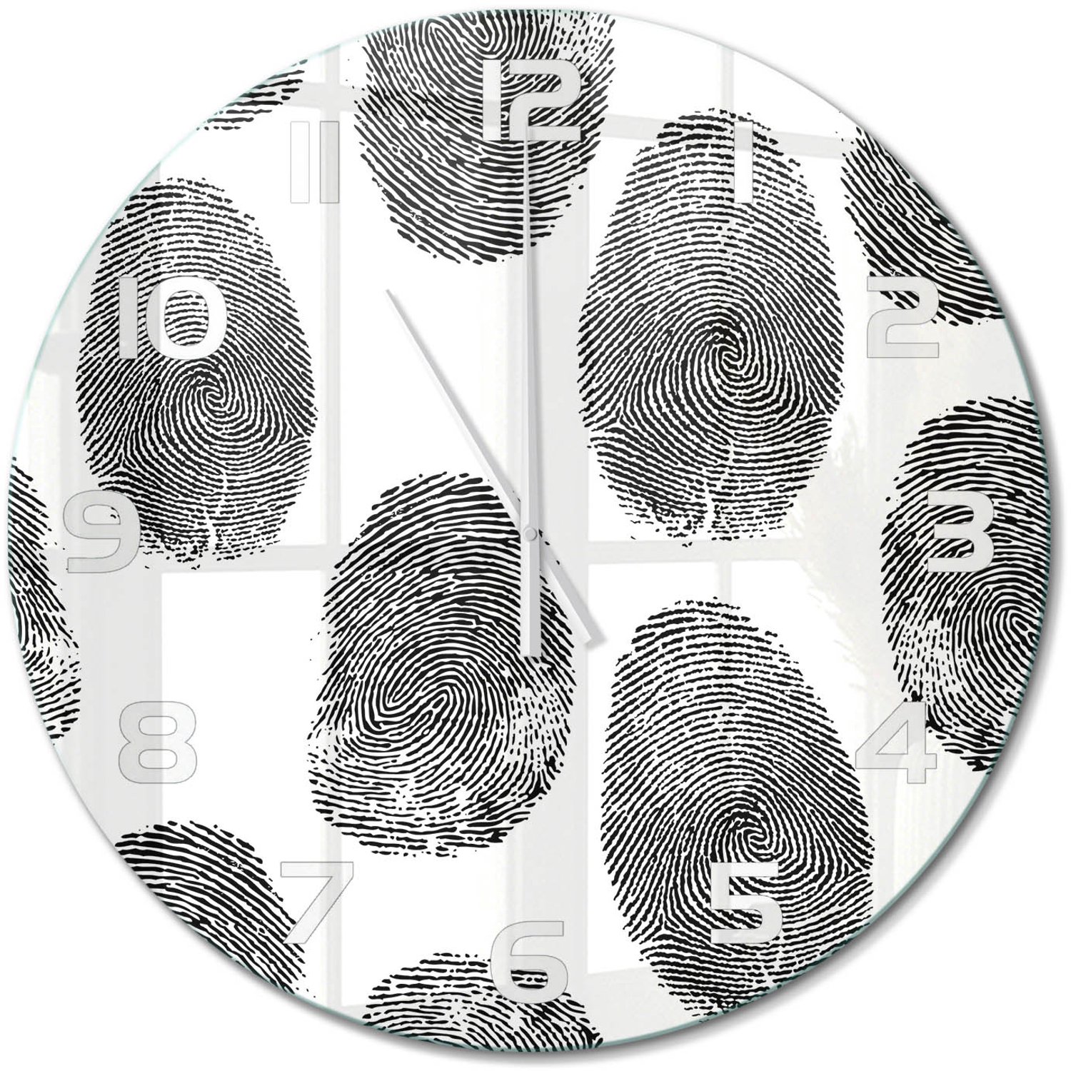 TULUP Wandklok - Vingerafdrukken Glazen Wandklok Design - fi60 cm - Zwart-wit Klok Glas Met Opdruk - Witte handen - Ronde Klok - Wandklok Glas Met Motief - Decoratieve Glazen Klok