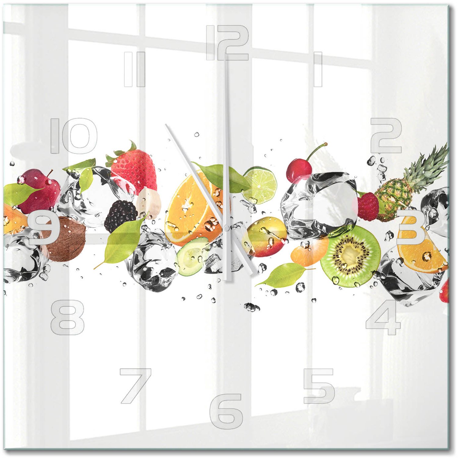 TULUP Wandklok - Fruit en water Klok Glas Met Opdruk - 60x60 cm - Veelkleurig Moderne Wandklok Glas - Witte handen - Vierkante Klok - Decoratieve Glazen Klok - Glazen Wandklok Design