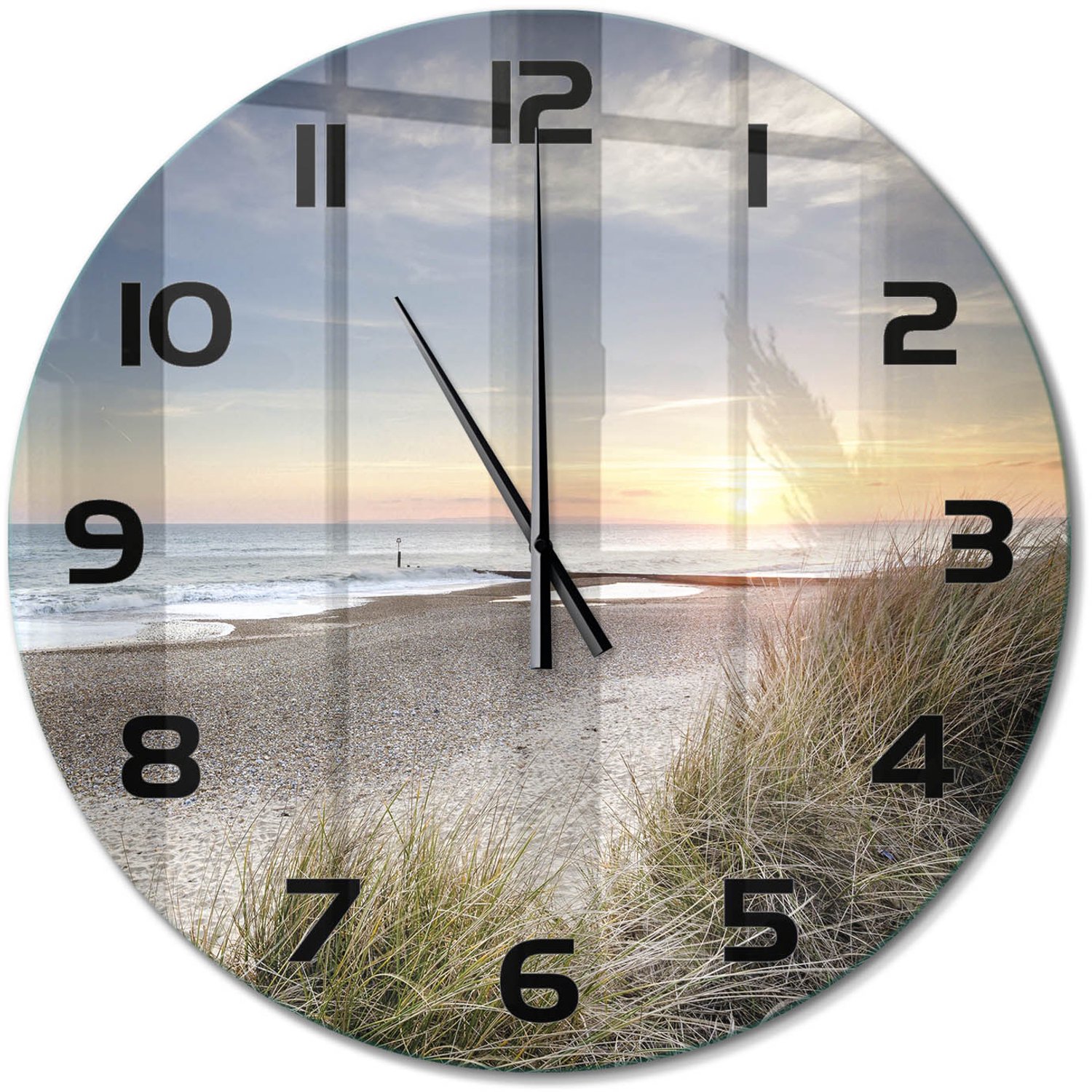 TULUP Wandklok - Zonsondergang en duinen Glazen Klok Met Print - fi60 cm - Beige Wandklok Glas Met Motief - Zwarte handen - Ronde Klok - Wandklok Glas Decoratie - Gekleurde Glazen Klok