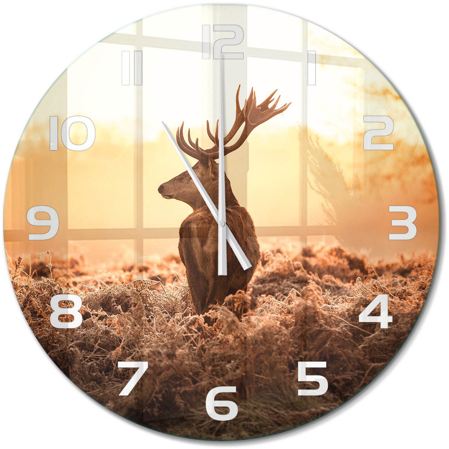 TULUP Wandklok - Zonsopgang boven de herten Klok Glas Met Opdruk - fi60 cm - Bruin Moderne Wandklok Glas - Witte handen - Ronde Klok - Decoratieve Glazen Klok - Glazen Wandklok Design