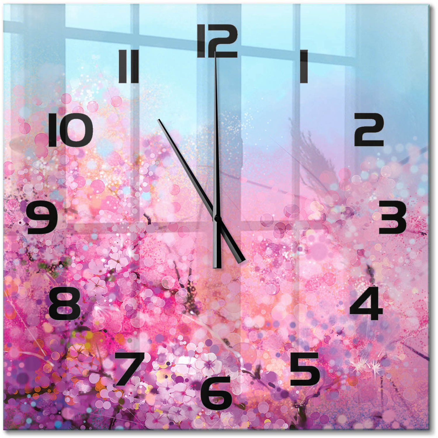 TULUP Wandklok - Kersenbloesem Wandklok Glas Met Motief - 60x60 cm - Roze Decoratieve Glazen Klok - Zwarte handen - Vierkante Klok - Gekleurde Glazen Klok - Glazen Klok Met Print