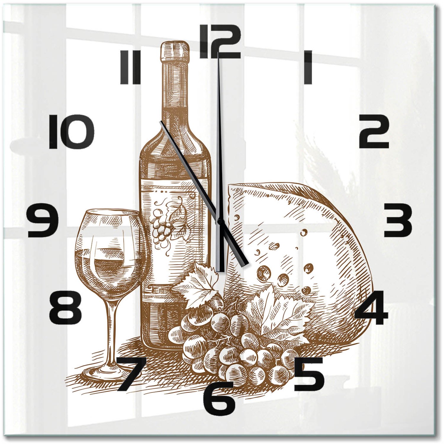 TULUP Wandklok - Wijn en hapjes Glazen Klok Met Print - 60x60 cm - Zwart-wit Wandklok Glas Met Motief - Zwarte handen - Vierkante Klok - Wandklok Glas Decoratie - Gekleurde Glazen Klok