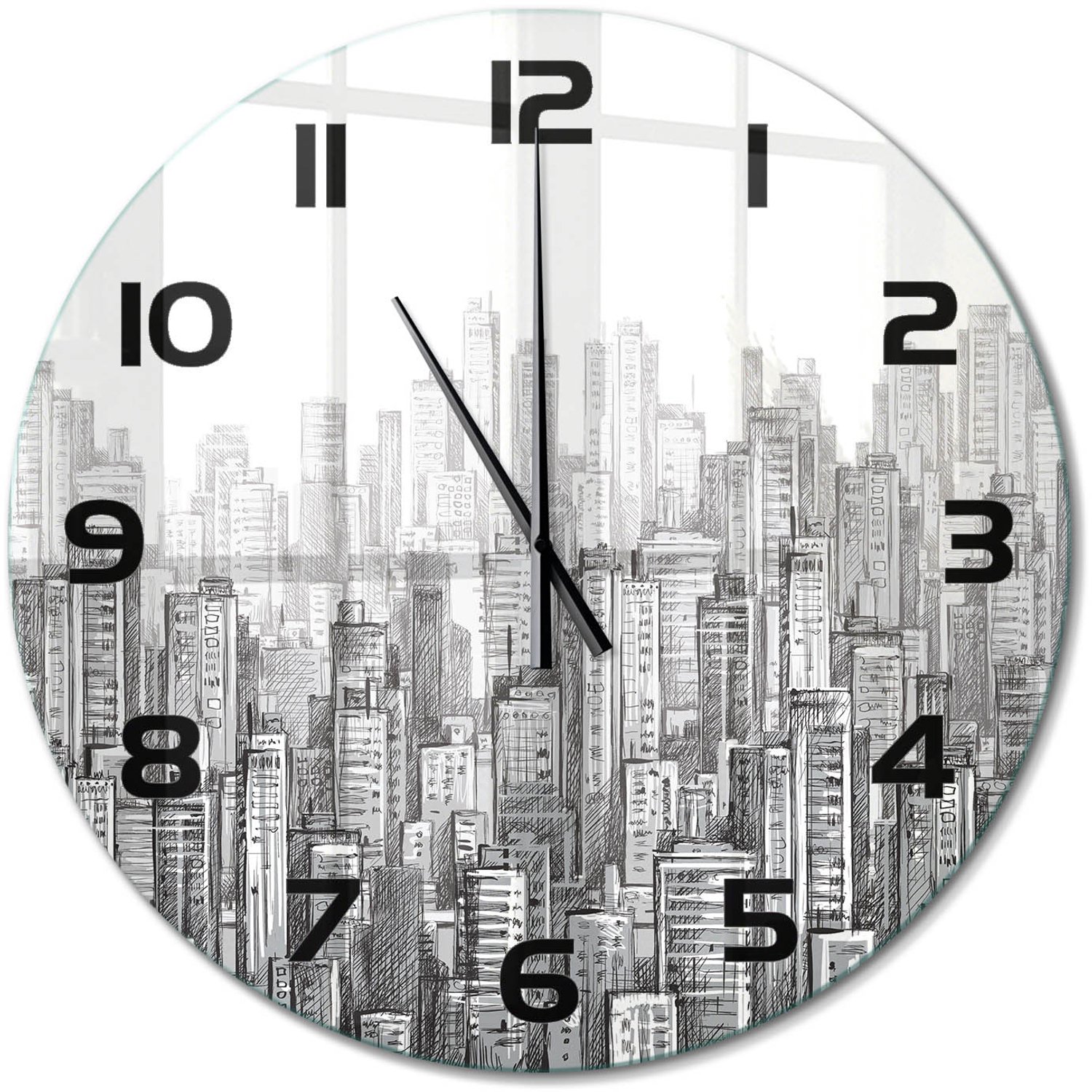 TULUP Wandklok - Wolkenkrabber Glazen Wandklok Design - fi60 cm - Grijs Klok Glas Met Opdruk - Zwarte handen - Ronde Klok - Wandklok Glas Met Motief - Decoratieve Glazen Klok