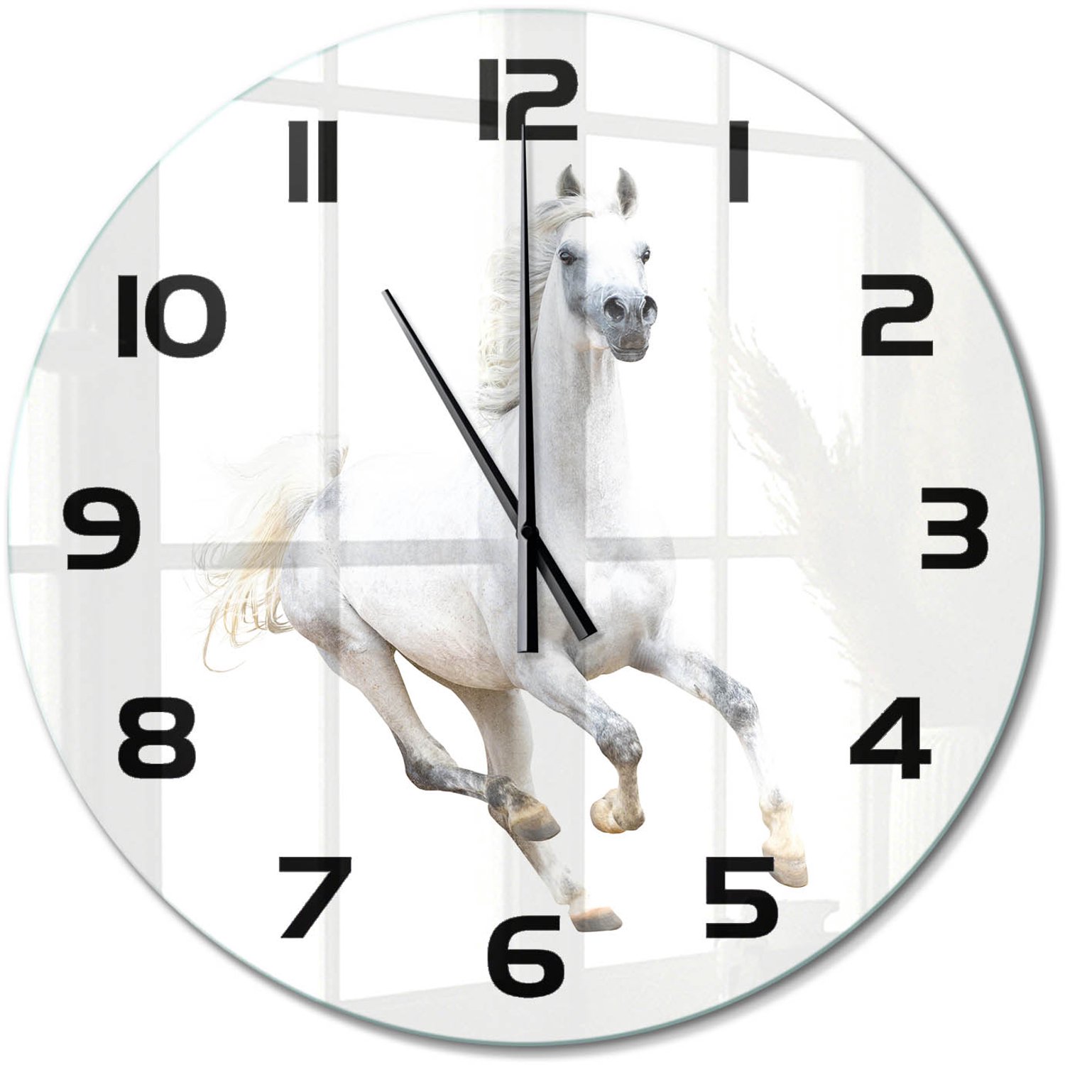 TULUP Wandklok - Wit Arabisch paard Wandklok Glas Decoratie - fi60 cm - Wit Gekleurde Glazen Klok - Zwarte handen - Ronde Klok - Klok Glas Met Opdruk - Moderne Wandklok Glas