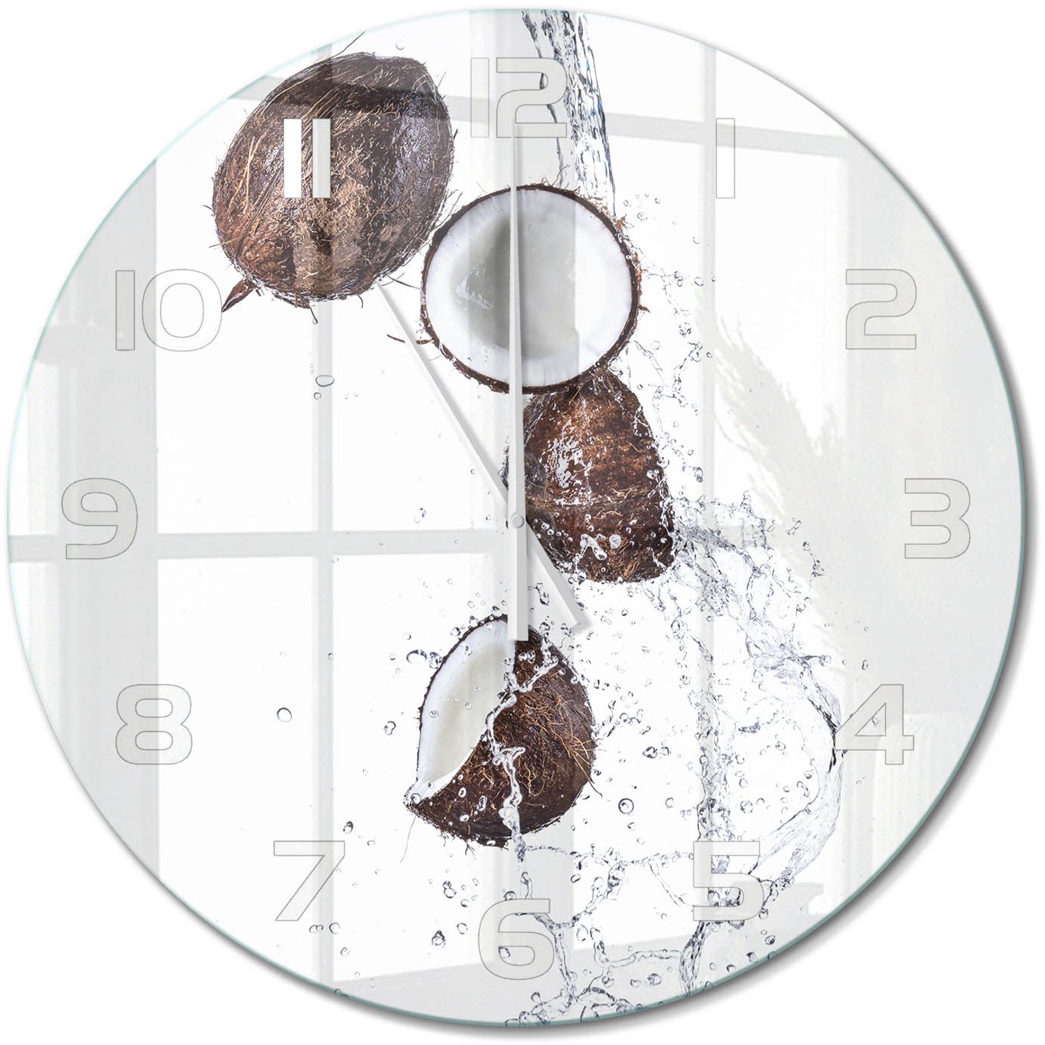 TULUP Wandklok - Kokosnoot met water Glazen Klok Met Print - fi60 cm - Bruin Wandklok Glas Met Motief - Witte handen - Ronde Klok - Wandklok Glas Decoratie - Gekleurde Glazen Klok