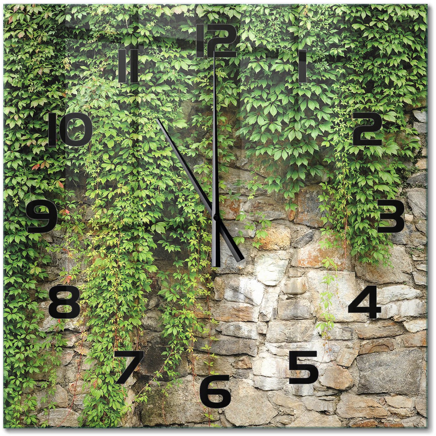 TULUP Wandklok - Groene klimop Glazen Klok Met Print - 60x60 cm - Groente Wandklok Glas Met Motief - Zwarte handen - Vierkante Klok - Wandklok Glas Decoratie - Gekleurde Glazen Klok