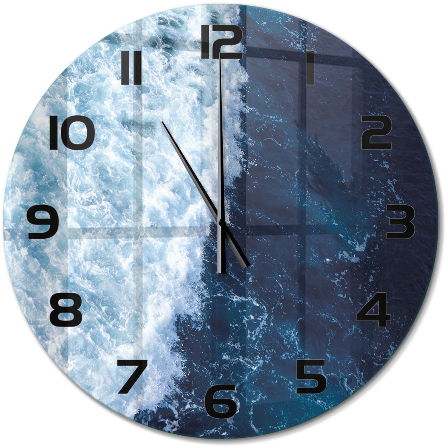 TULUP Wandklok - Oceaangolven Decoratieve Glazen Klok - fi60 cm - Blauw Glazen Wandklok Design - Zwarte handen - Ronde Klok - Glazen Klok Met Print - Wandklok Glas Met Motief