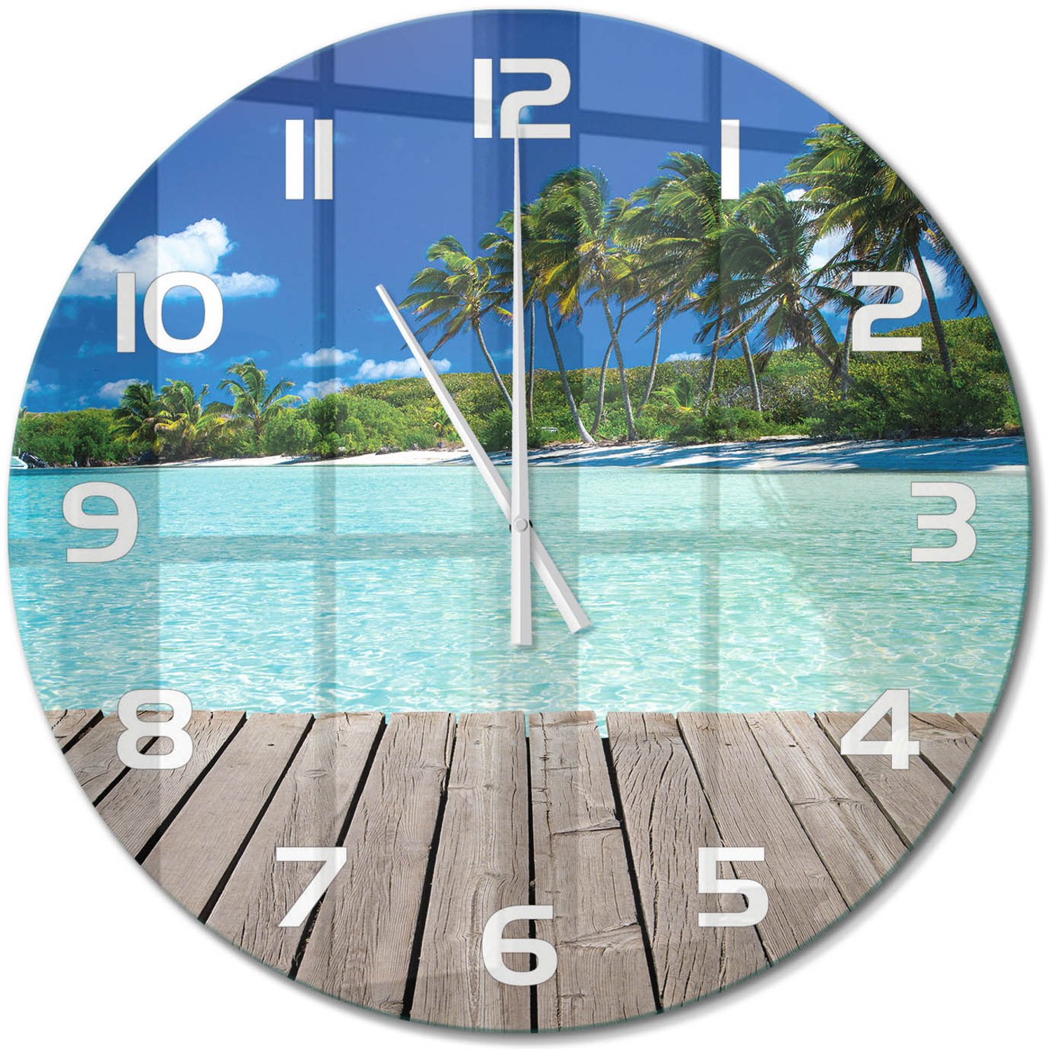 TULUP Wandklok - Tropisch strand Gekleurde Glazen Klok - fi60 cm - Groente Glazen Klok Met Print - Witte handen - Ronde Klok - Moderne Wandklok Glas - Wandklok Glas Decoratie