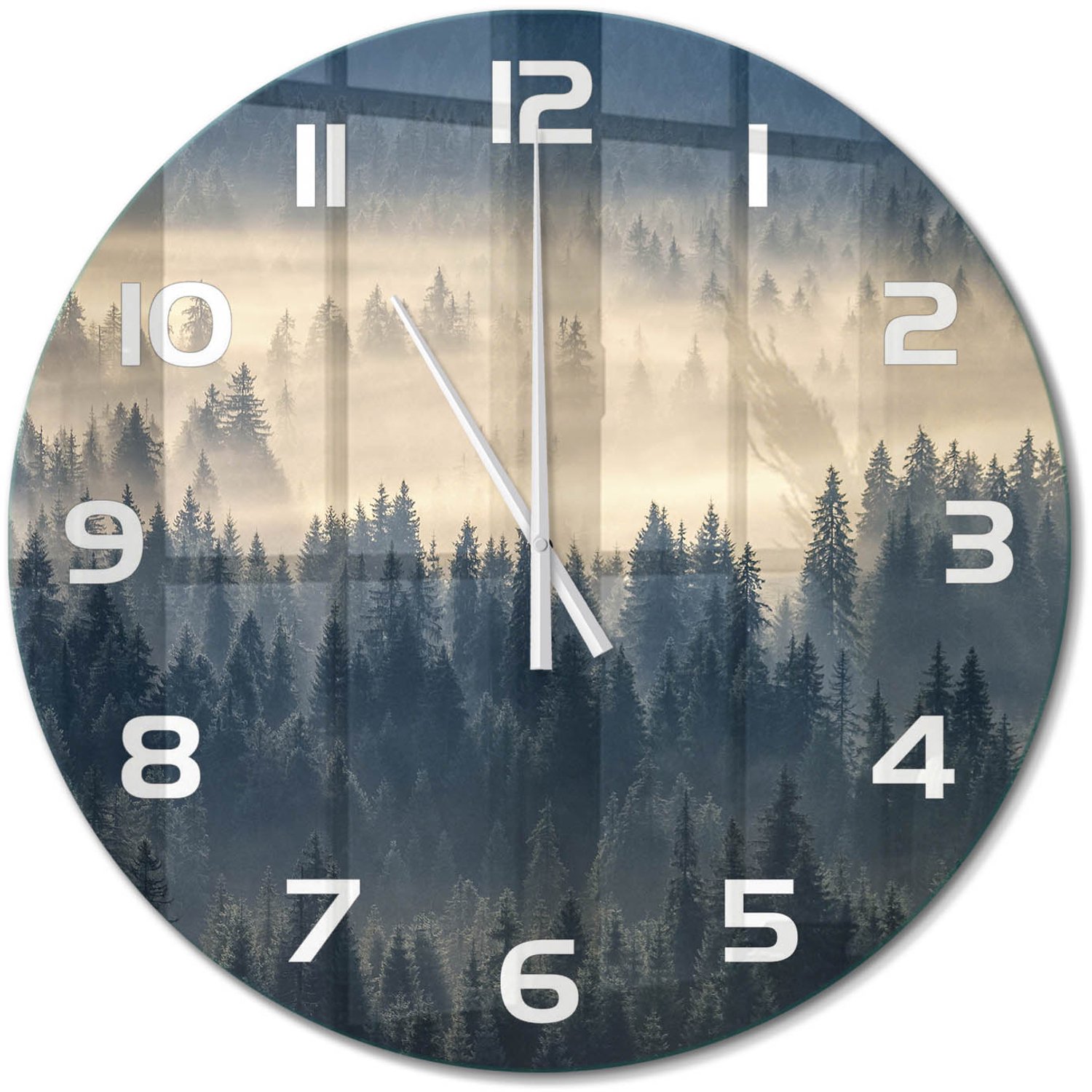 TULUP Wandklok - Mist boven het bos Glazen Klok Met Print - fi60 cm - Grijs Wandklok Glas Met Motief - Witte handen - Ronde Klok - Wandklok Glas Decoratie - Gekleurde Glazen Klok
