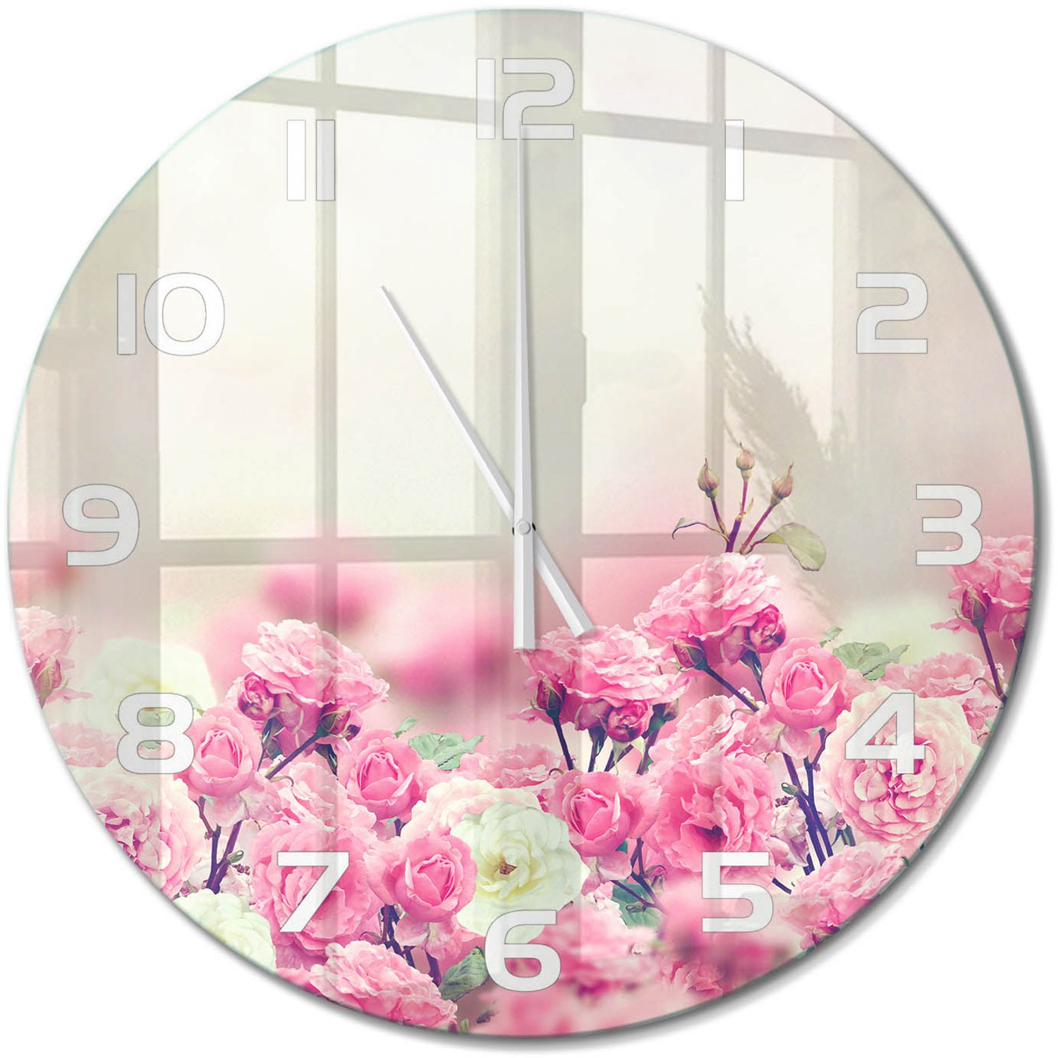 TULUP Wandklok - Wilde rozenbloemen Wandklok Glas Met Motief - fi60 cm - Roze Decoratieve Glazen Klok - Witte handen - Ronde Klok - Gekleurde Glazen Klok - Glazen Klok Met Print