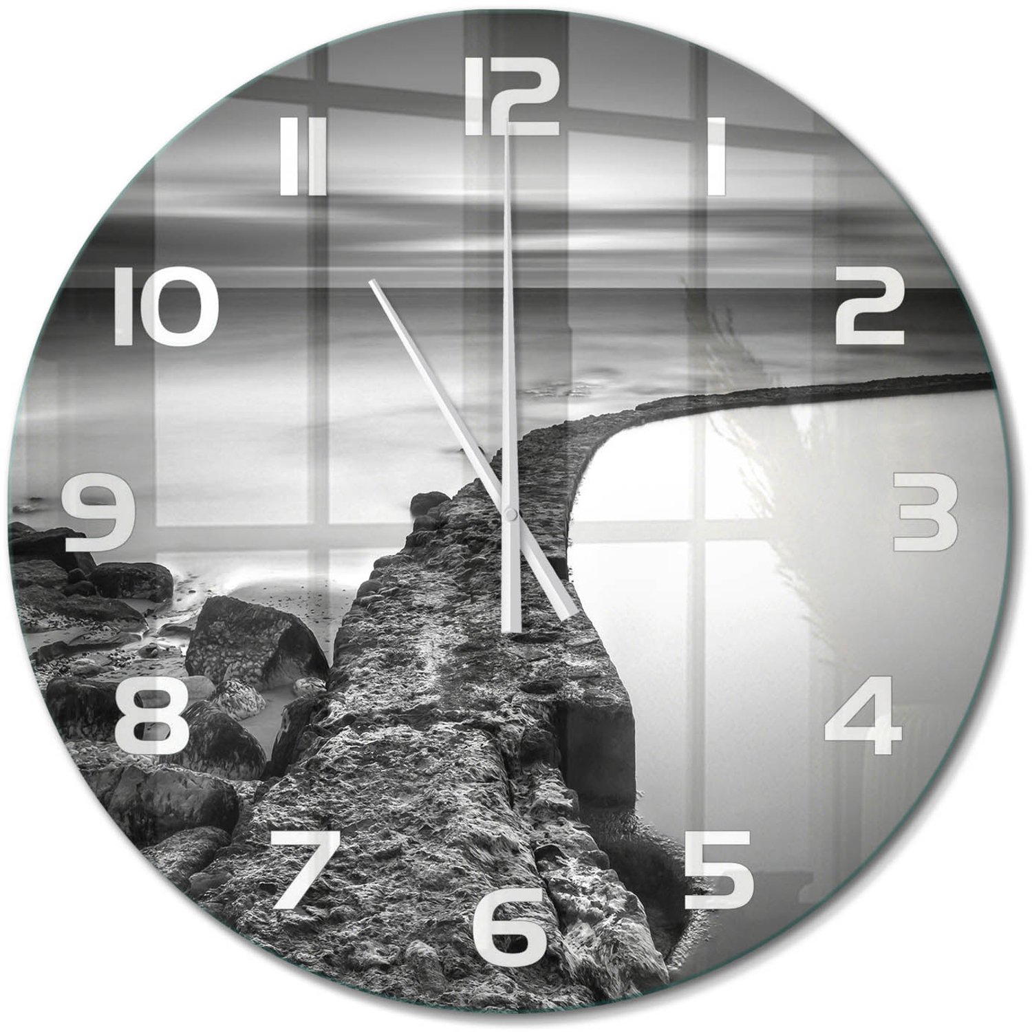 TULUP Wandklok - Rotsachtig strand Glazen Klok Met Print - fi60 cm - Zwart-wit Wandklok Glas Met Motief - Witte handen - Ronde Klok - Wandklok Glas Decoratie - Gekleurde Glazen Klok