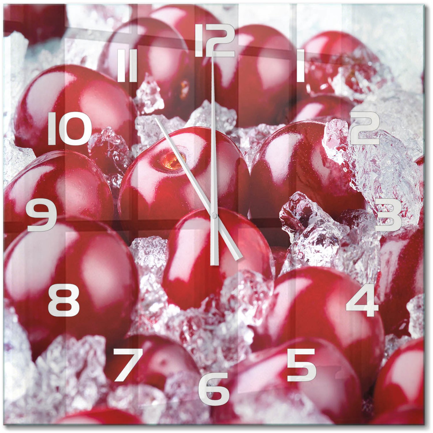 TULUP Wandklok - Bevroren kers Moderne Wandklok Glas - 60x60 cm - Rood Wandklok Glas Decoratie - Witte handen - Vierkante Klok - Glazen Wandklok Design - Klok Glas Met Opdruk