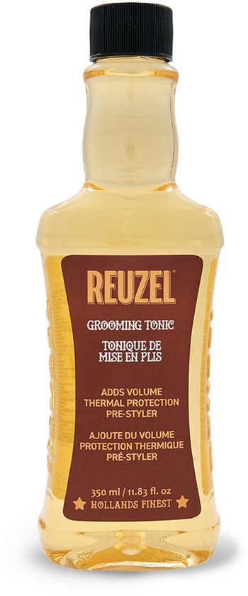 Fles Reuzel Grooming Tonic met goudkleurige vloeistof, zwarte dop en bruin etiket op witte achtergrond.