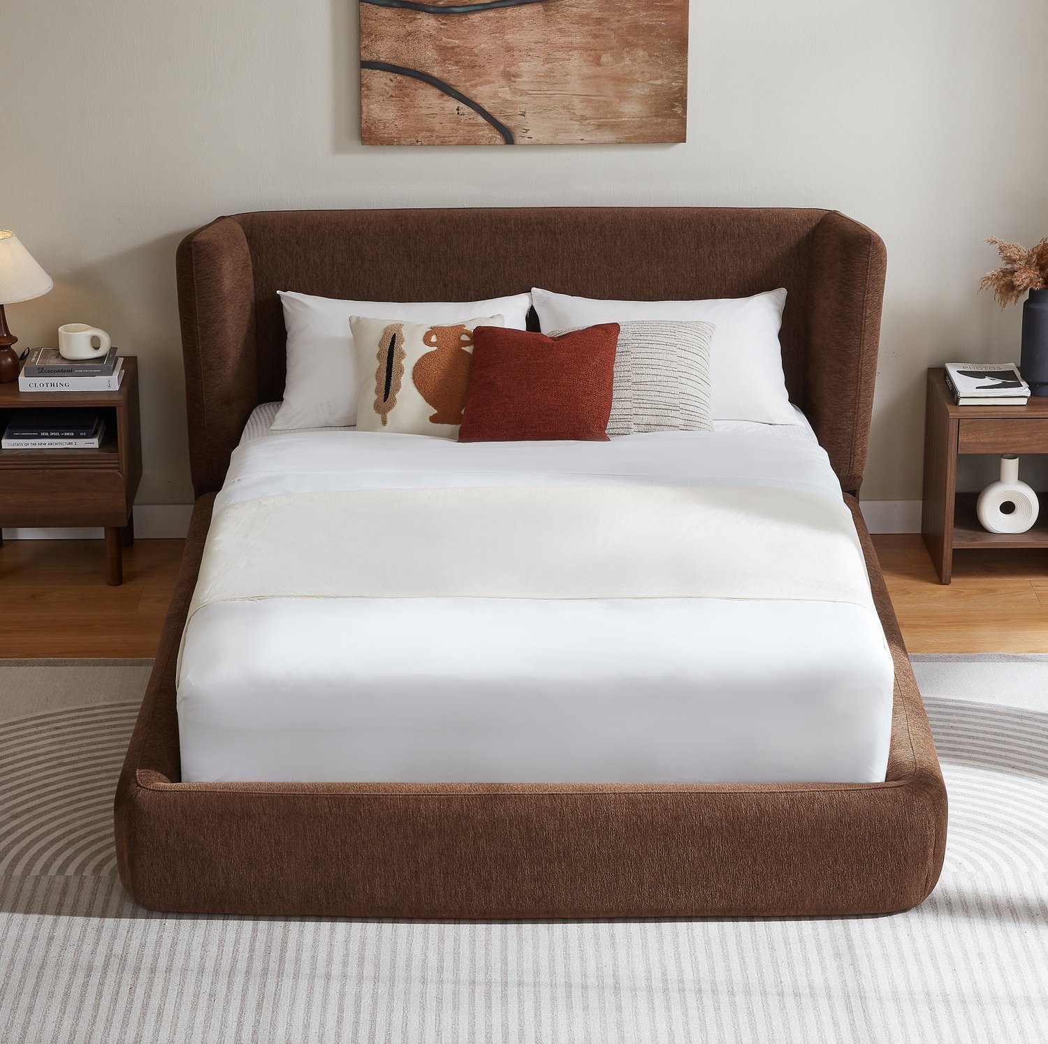 WUVRIE Tweepersoonsbed 140x200 cm - Gestoffeerd hoofdbord en versterkt stalen frame - Bruin