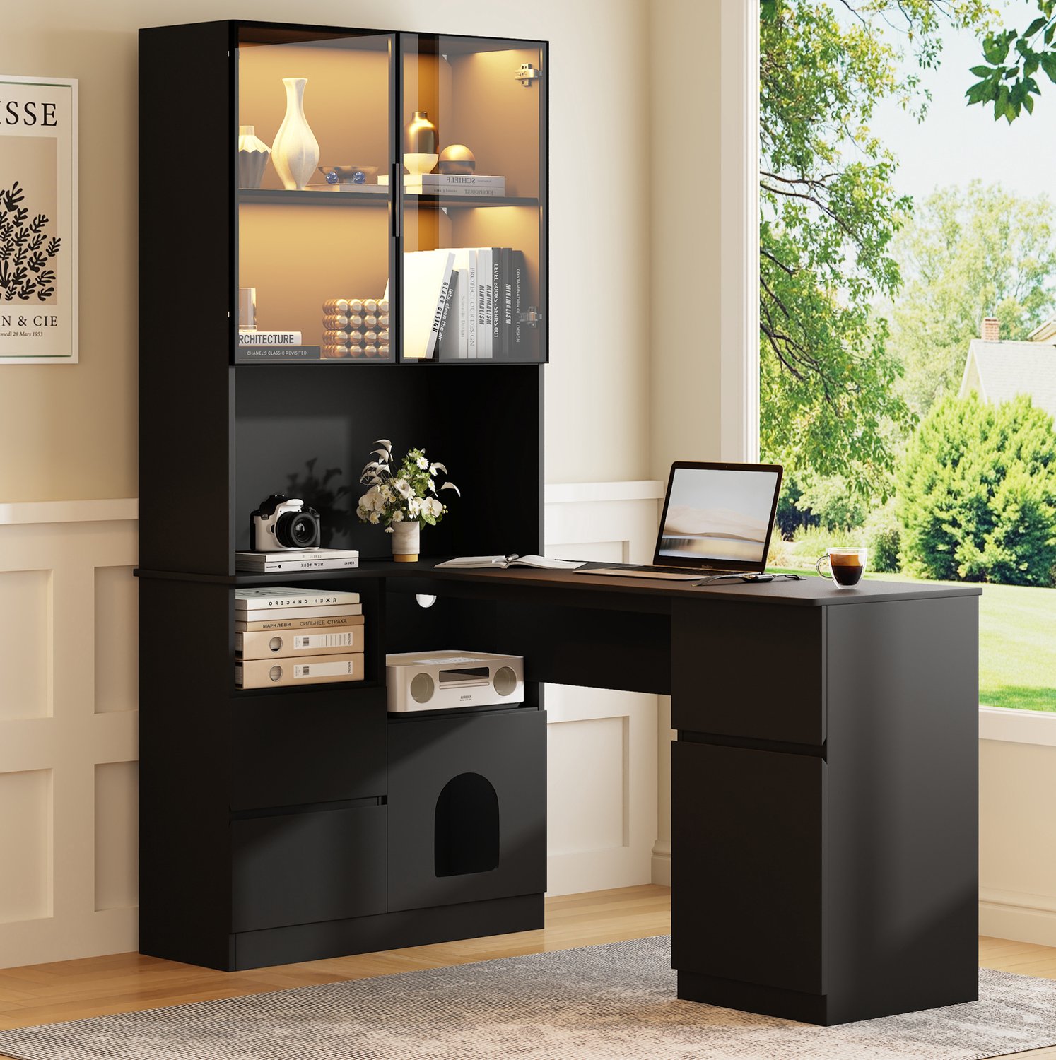 MODFU Hoekbureau - L-Vormig Met LED-Vitrine En 3 Lades - MDF - Zwart