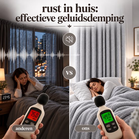 Persoon slapend in een kamer met grijze gordijnen, met geluidsmeter toont daling van 75 naar 49 dBA.