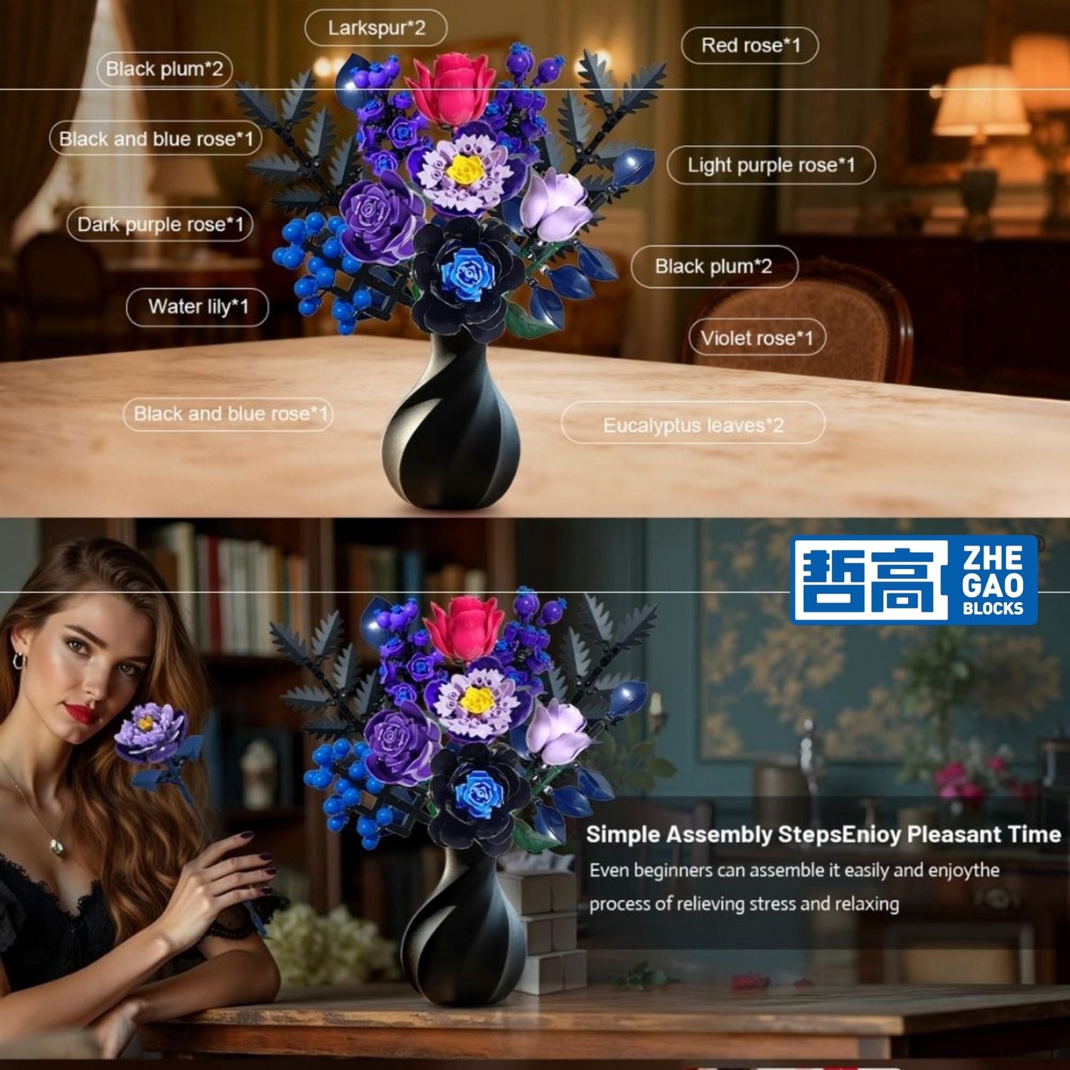 Zhe Gao 11542 Paarse Rozen BIoemen Boeket bouwset | Botanical Flowers Collection 2026 modelbouw | Classic Creator speelgoed bouwpakketten voor volwassenen & kinderen | kunstbloemen niet geschikt voor lego | bouwdoos met 759 bouwstenen — afbeelding 10