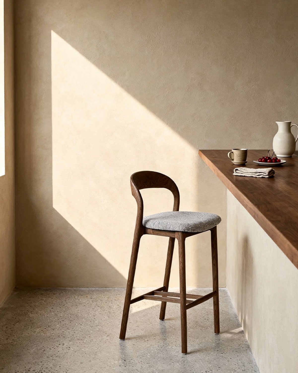 MIVRAY Barkruk 48 x 45 x 95,5 cm - Gebogen Rugleuning Met Gestoffeerde Zitting En Voetsteun - Keukeneiland En Hoge Tafel - Hout Walnoot