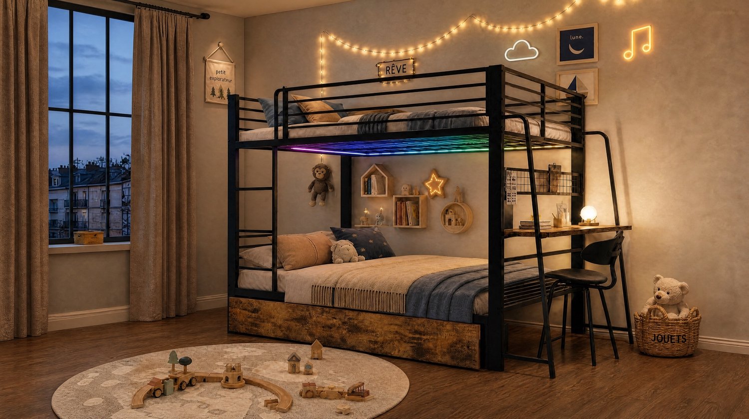 WUVRIE Hoogslaper 140x200 cm - Bureau, 2 lades en LED-verlichting - Zwart