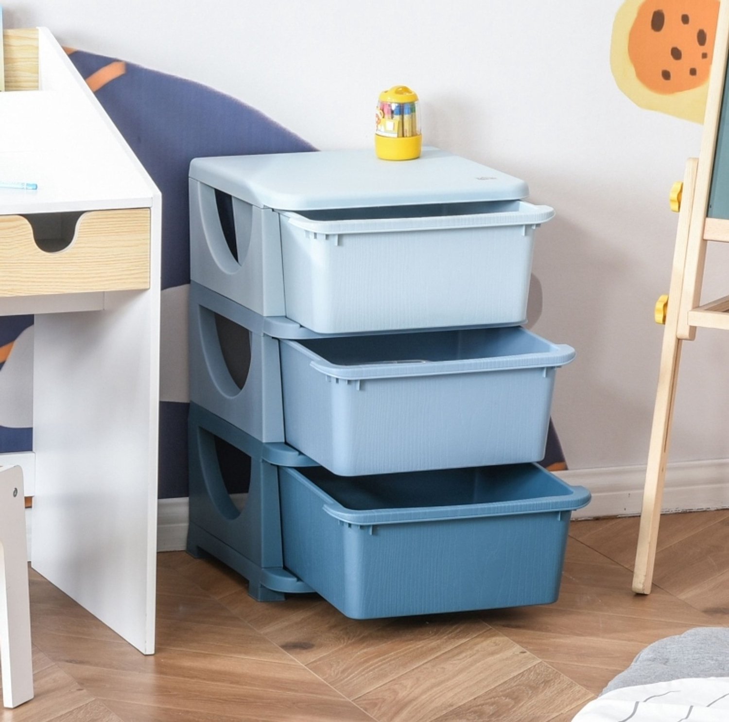 MIVRAY Kinderopbergkast - Drie Uitneembare Lades Met Handgrepen - Voor Speelkamer En Kinderkamer - Kunststof - 37x37x56,5 Cm - Blauw