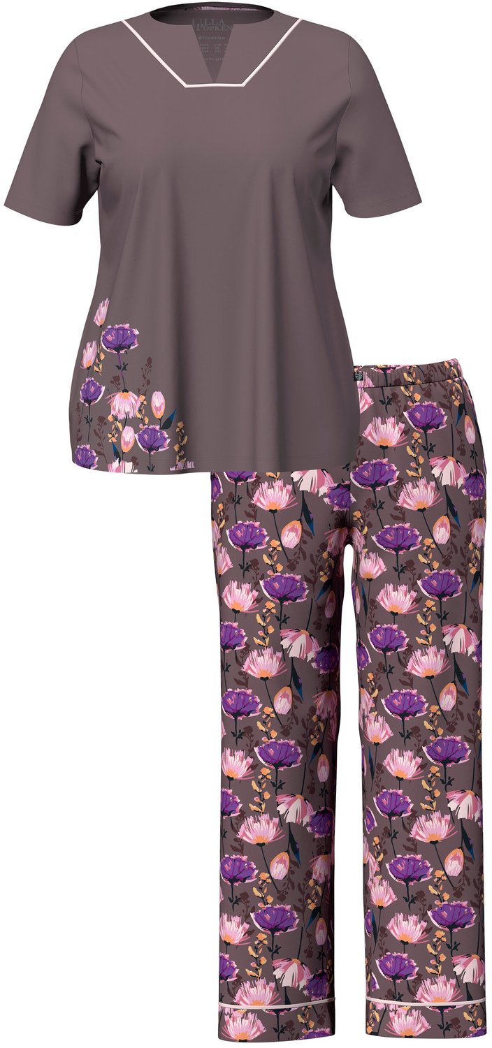 Ulla Popken Dames - Pyjama bloemen tuniekhals korte mouwen - Aarde - Maat 42+