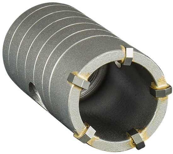 Grijze cilindrische holboor met robuuste hardmetalen tanden op de rand voor boren in steen.