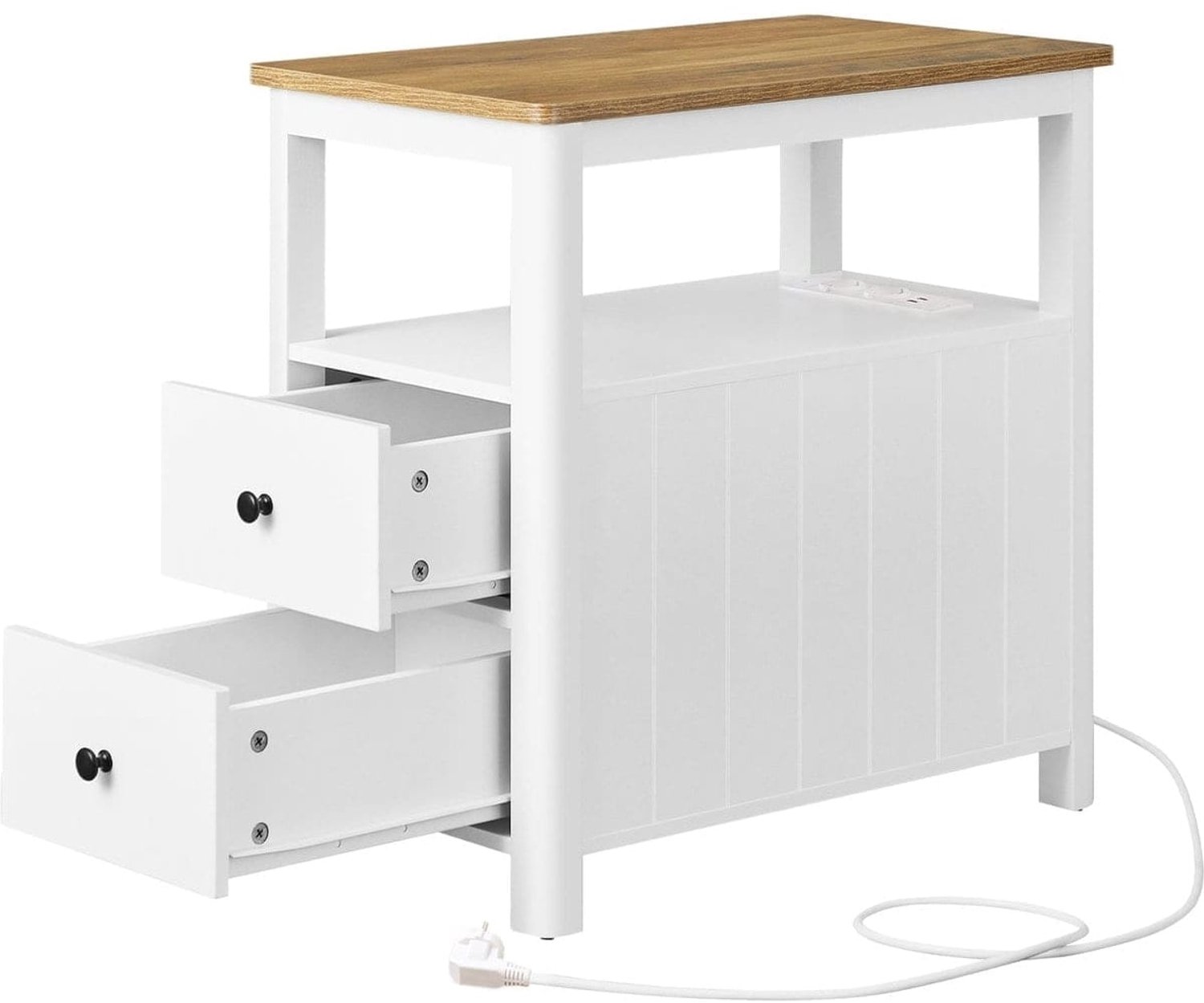 Klarven Bijzettafel Bruin-Wit - Bijzettafel met Stopcontact - Bijzettafel Bank - Bijzettafel - Nachtkastje met Stekkerdoos en USB - 2 Lades, Tijdschriftenvak