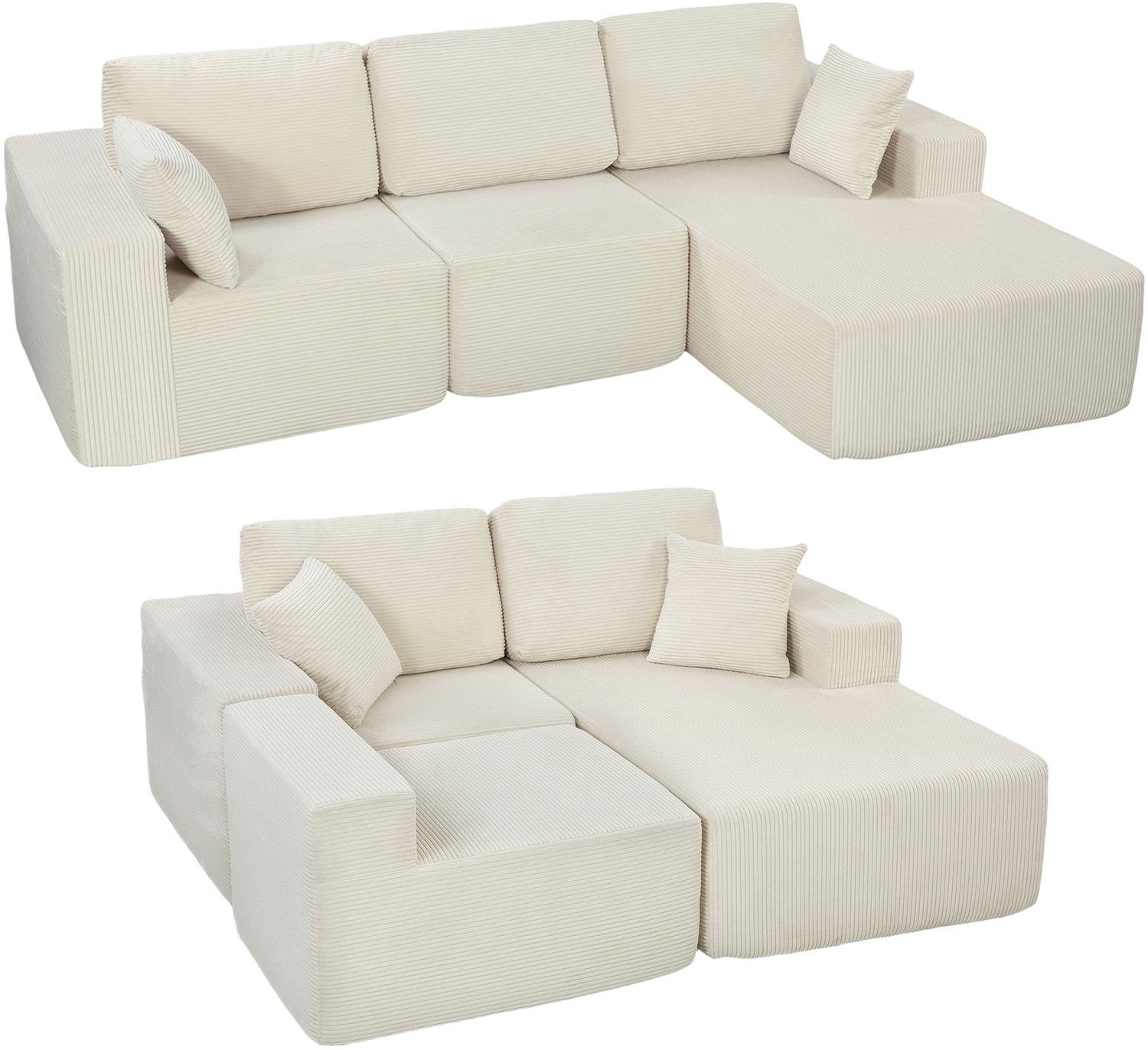 HOMCOM Hoekbank - Corduroyfluweel (100% polyester) - 267x168x85cm - Crème