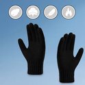 Zwarte gebreide handschoenen met iconen voor ademend vermogen, zachtheid en warmte.
