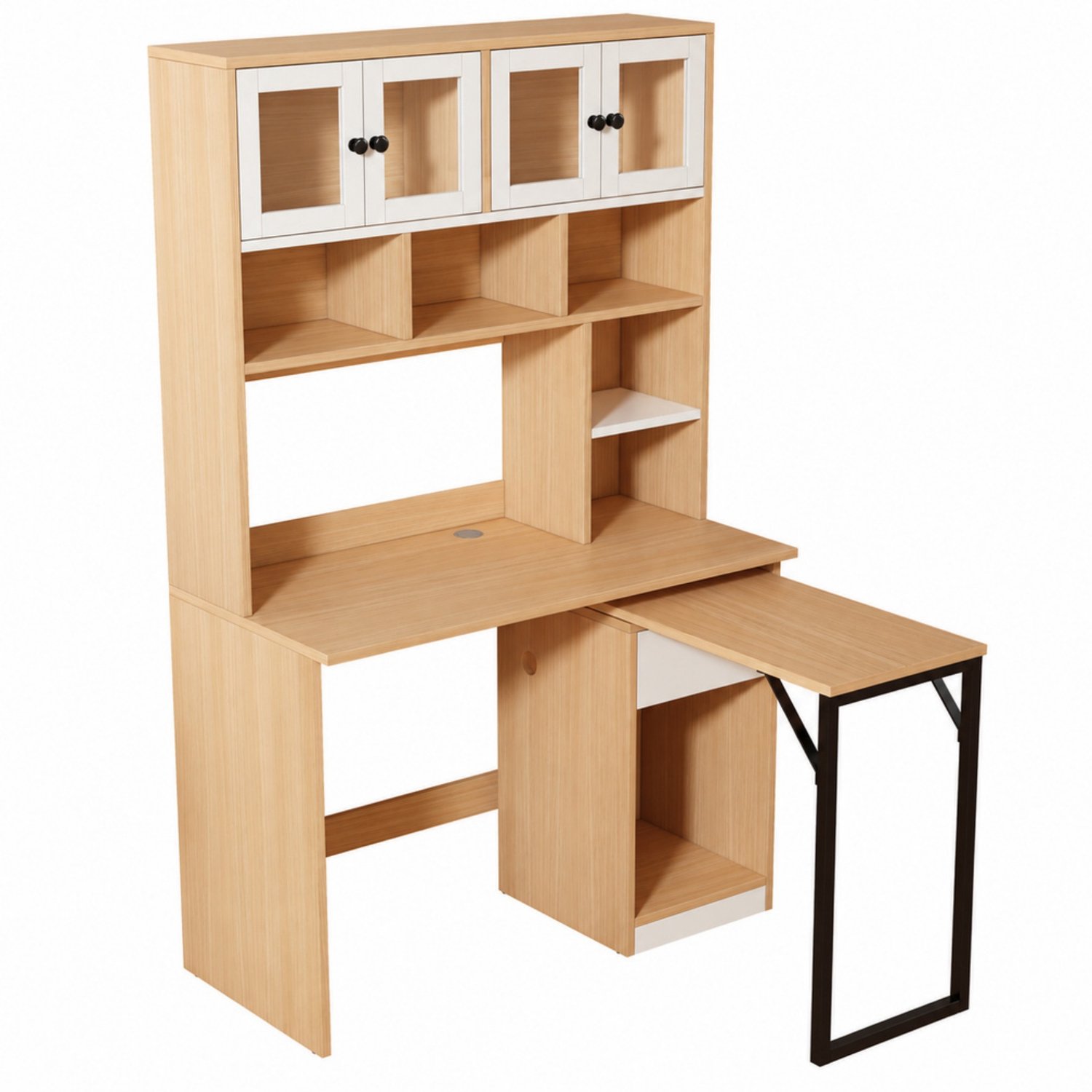 LONG DRAGON - Computerbureau met opbergkast en rek - Werktafel - Wit + Naturel - 180 cm