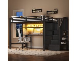 Hoogslaper - 140x200 cm - Met Bureau - Met Kledingkast - Met Legplanken - Metaal en MDF - Zwart