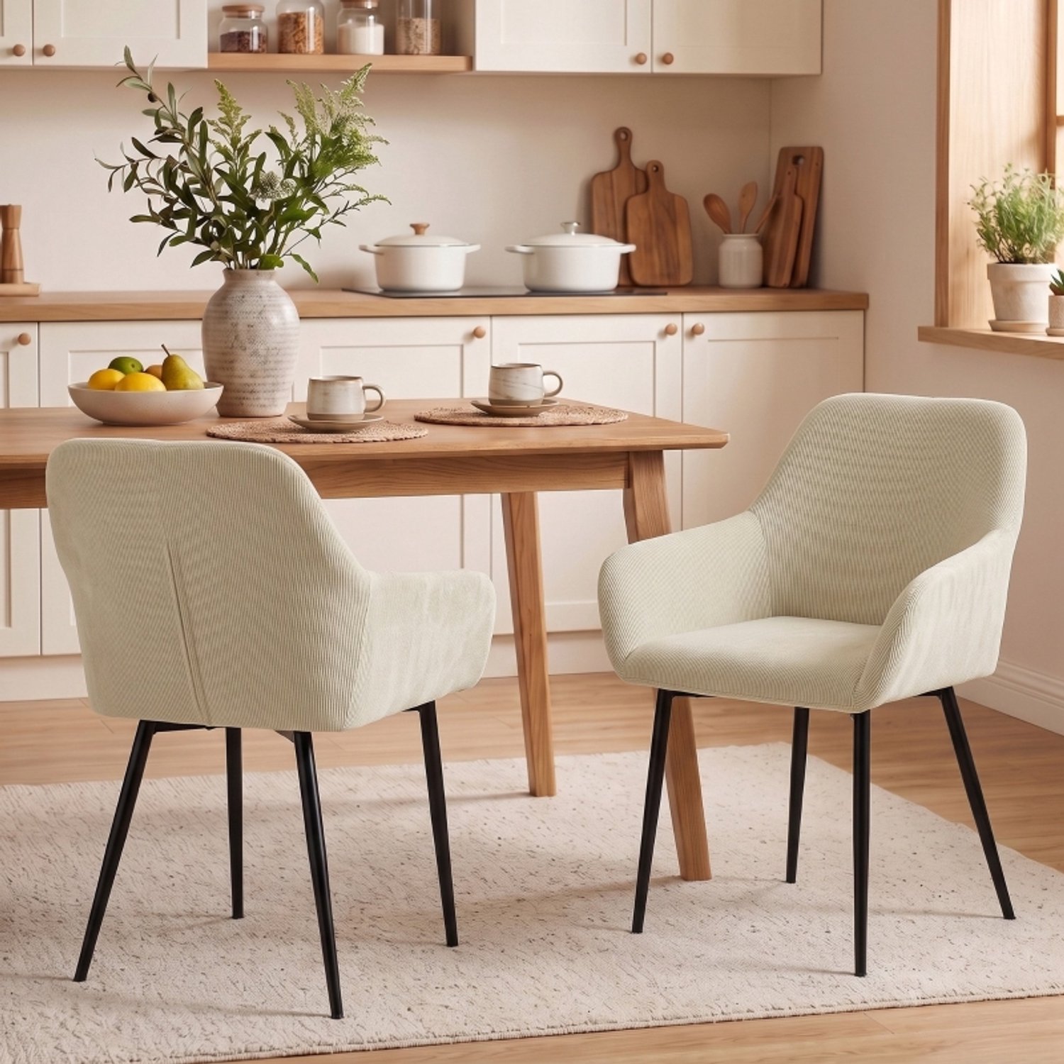 FloraGrace Eetkamerstoelen Set Van 2 58 x 59,5 x 81,5 cm - Met Armleuningen En Zachte Ribstof - Voor Eetkamer Of Thuiswerkplek - Polyester - Crème