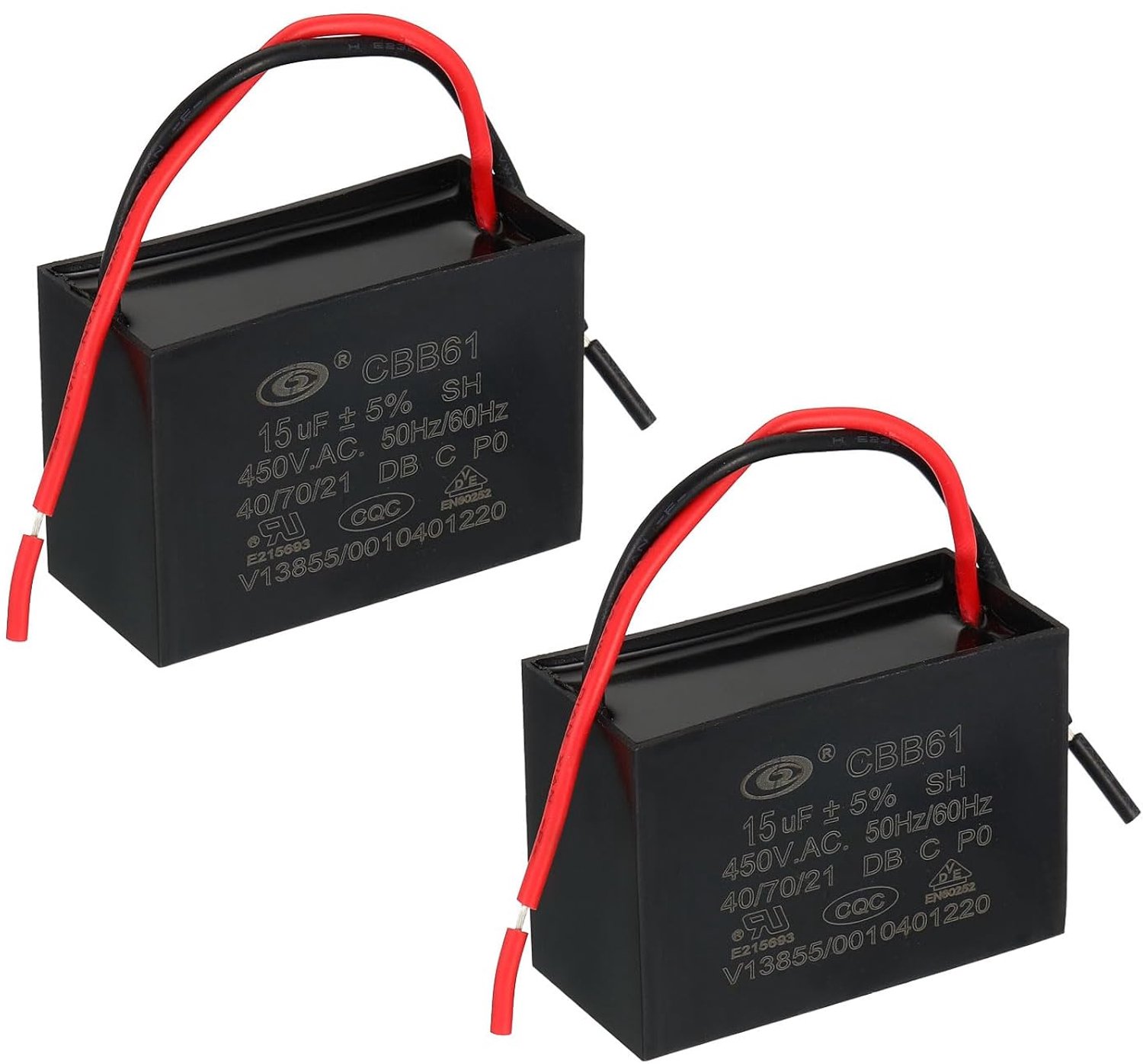 CBB61 condensator 15uF 450V AC - 60 x 40 x 42 mm - vlamvertragend - voor ventilator motor - 2 stuks - m-winkel