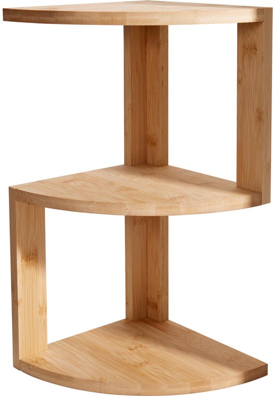 Staande hoekplank van licht bamboehout met drie gebogen planken en een S-vormig zijframe.