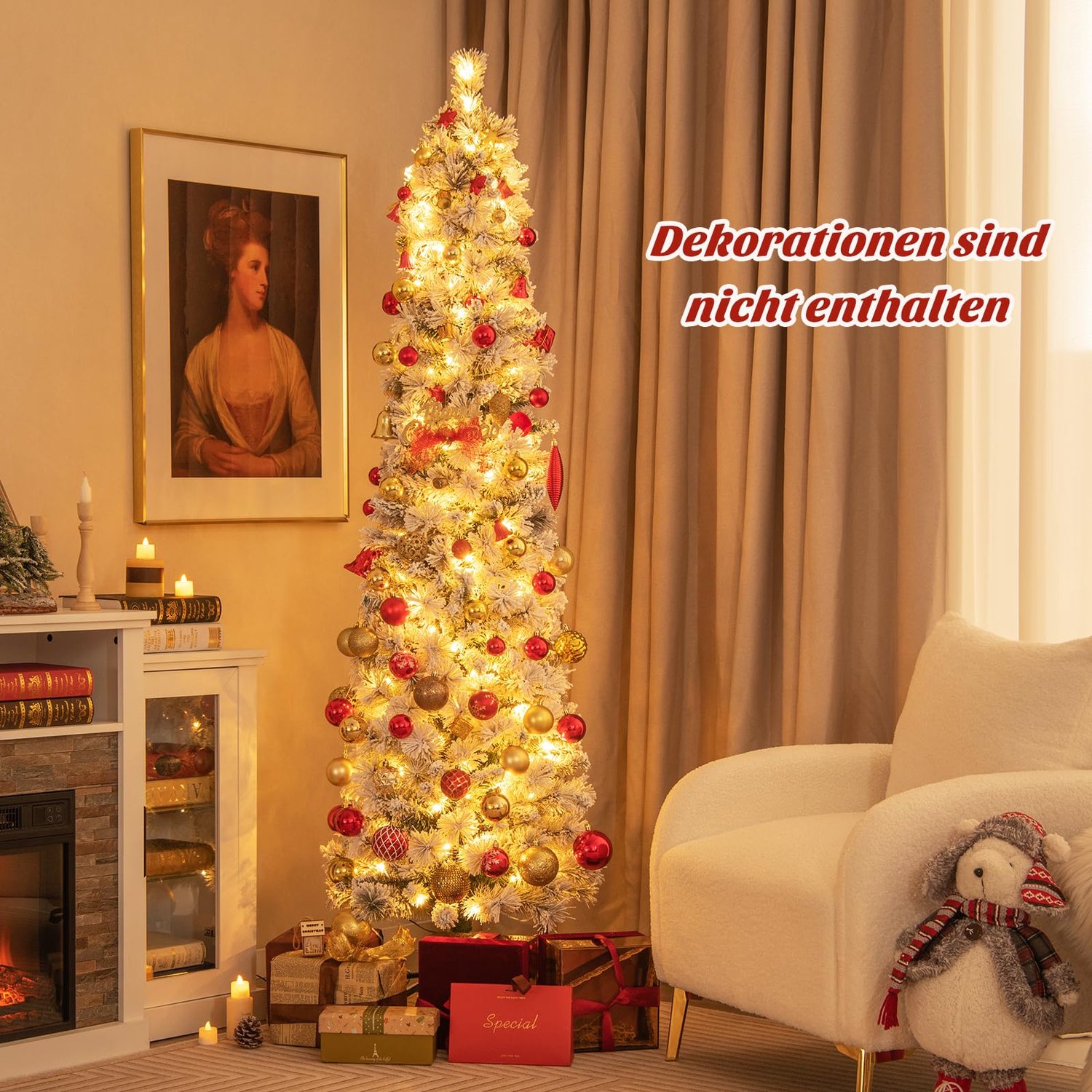 COSTWAY Kunstkerstboom 180 cm met verlichting - Smal Potloodmodel met Sneeuweffect - PVC 373 takken - 150 Warmwitte LED-lampjes - Wit en groen – foto 5