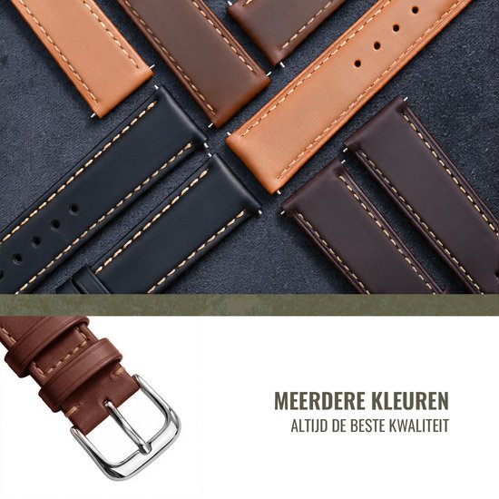 Verschillende kleuren leren horlogebandjes met contraststiksels. Tekst: 'MEERDERE KLEUREN, ALTIJD DE BESTE KWALITEIT'.