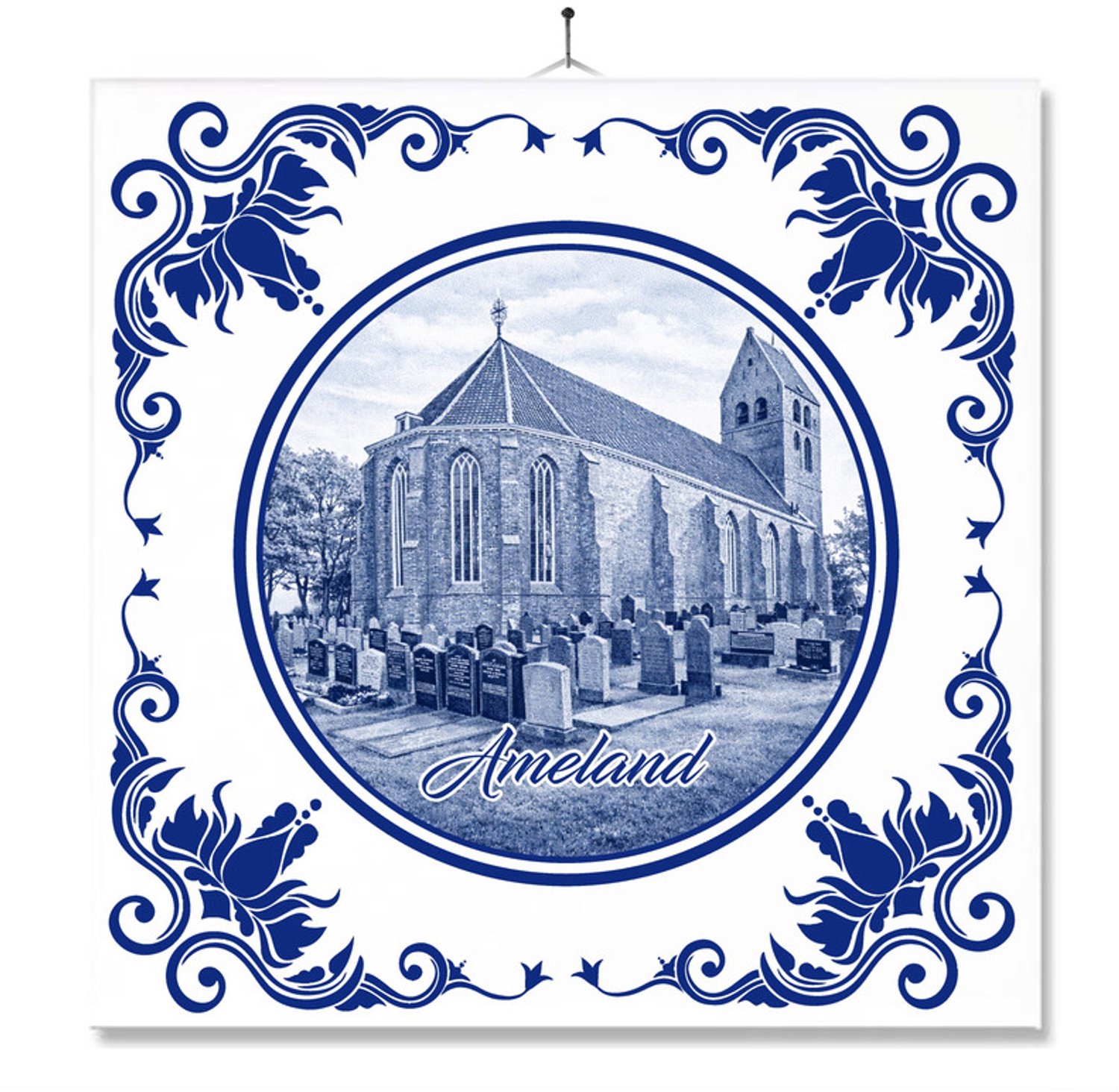 MC Living Tegel Met Opdruk | Ameland | Delft Blauw | Cadeau | Inclusief Geschenkdoos | Standaard | Ophangsysteem