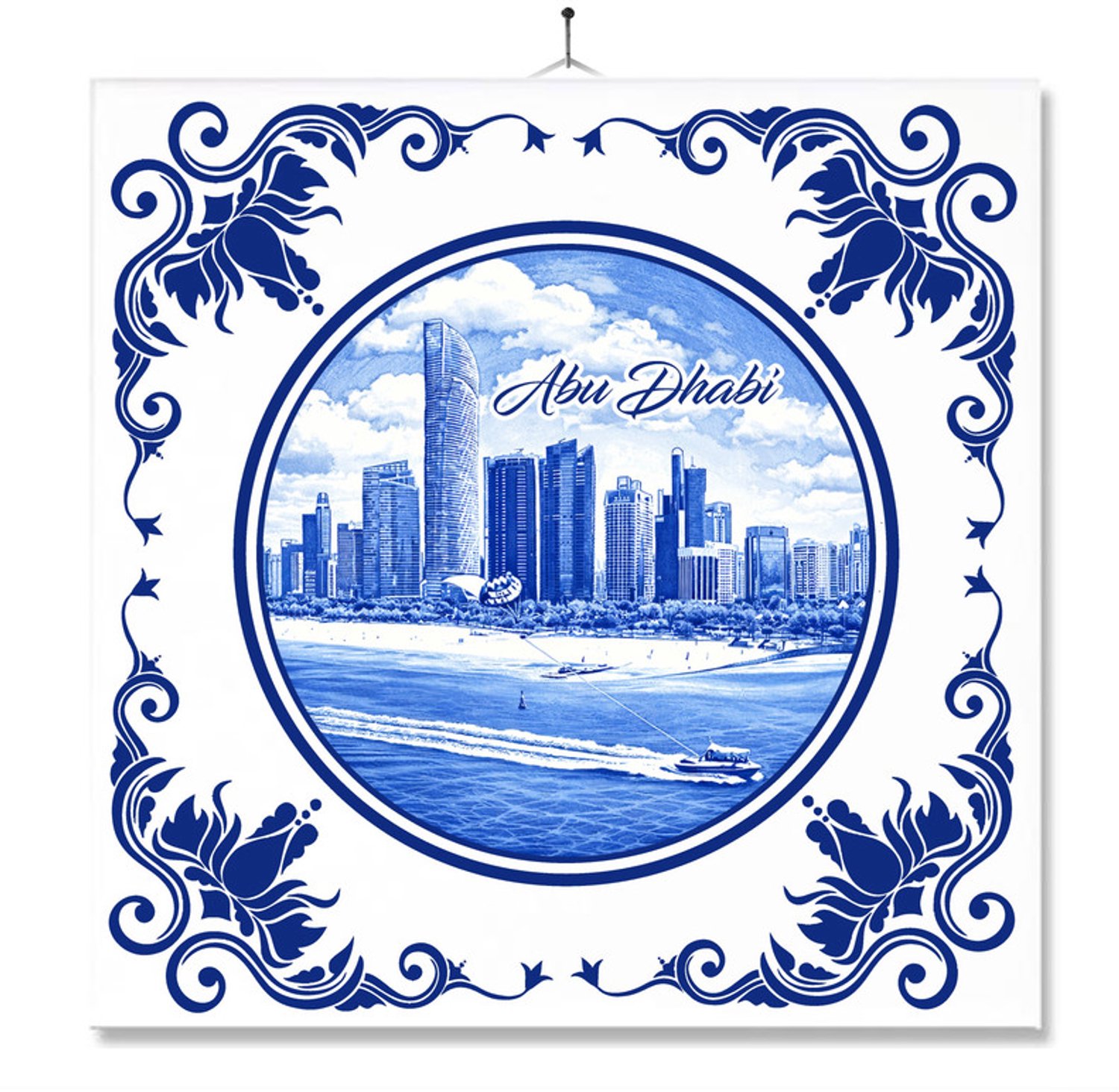 MC Living Tegel Met Opdruk | Abu Dhabi | Delft Blauw | Cadeau | Inclusief Geschenkdoos | Standaard | Ophangsysteem Multi-Color