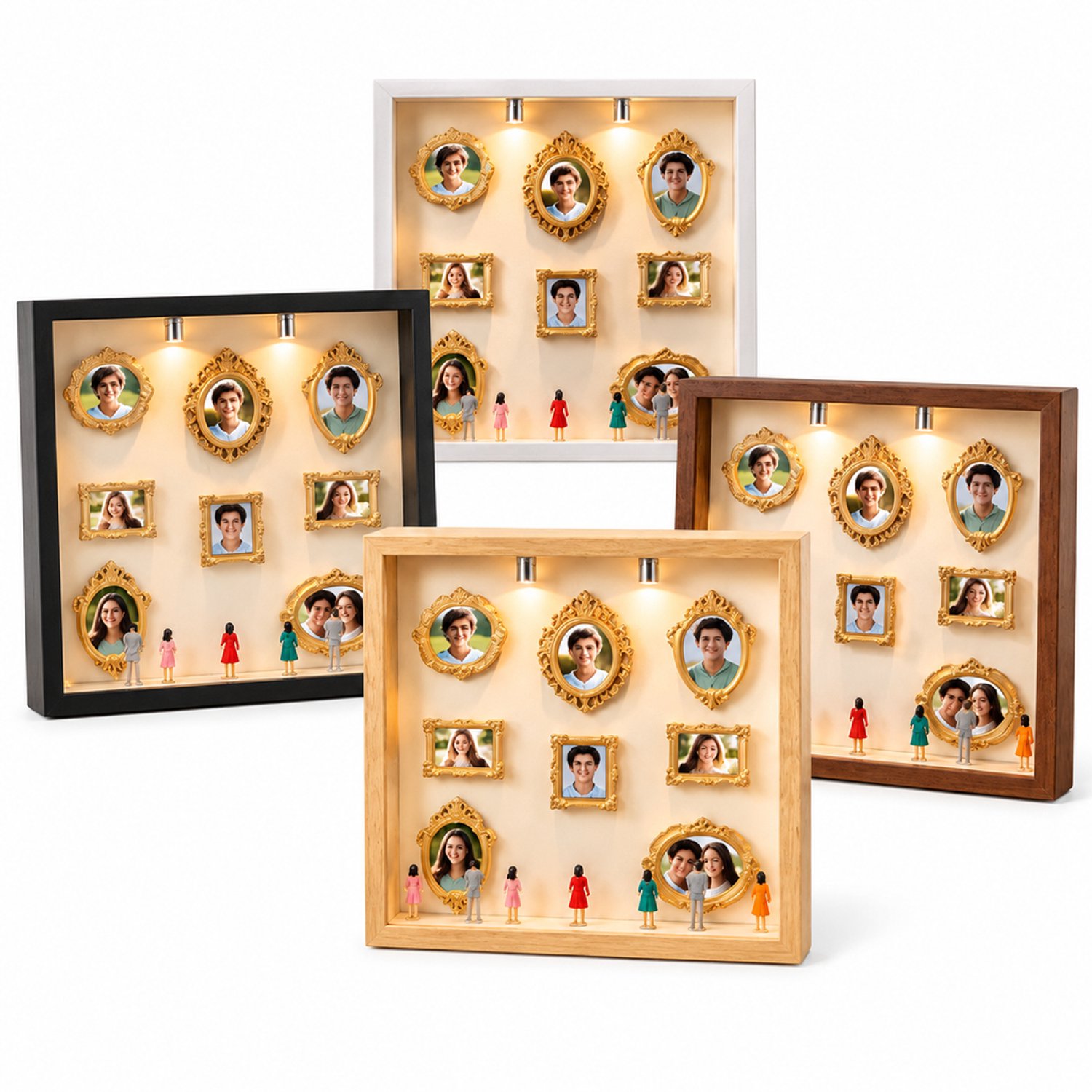 SWGOTA Naturelkleurige MDF-displaylijst voor tafel, binnenmaat 22,8 x 22,8 x 3 cm, met 2 lampjes
