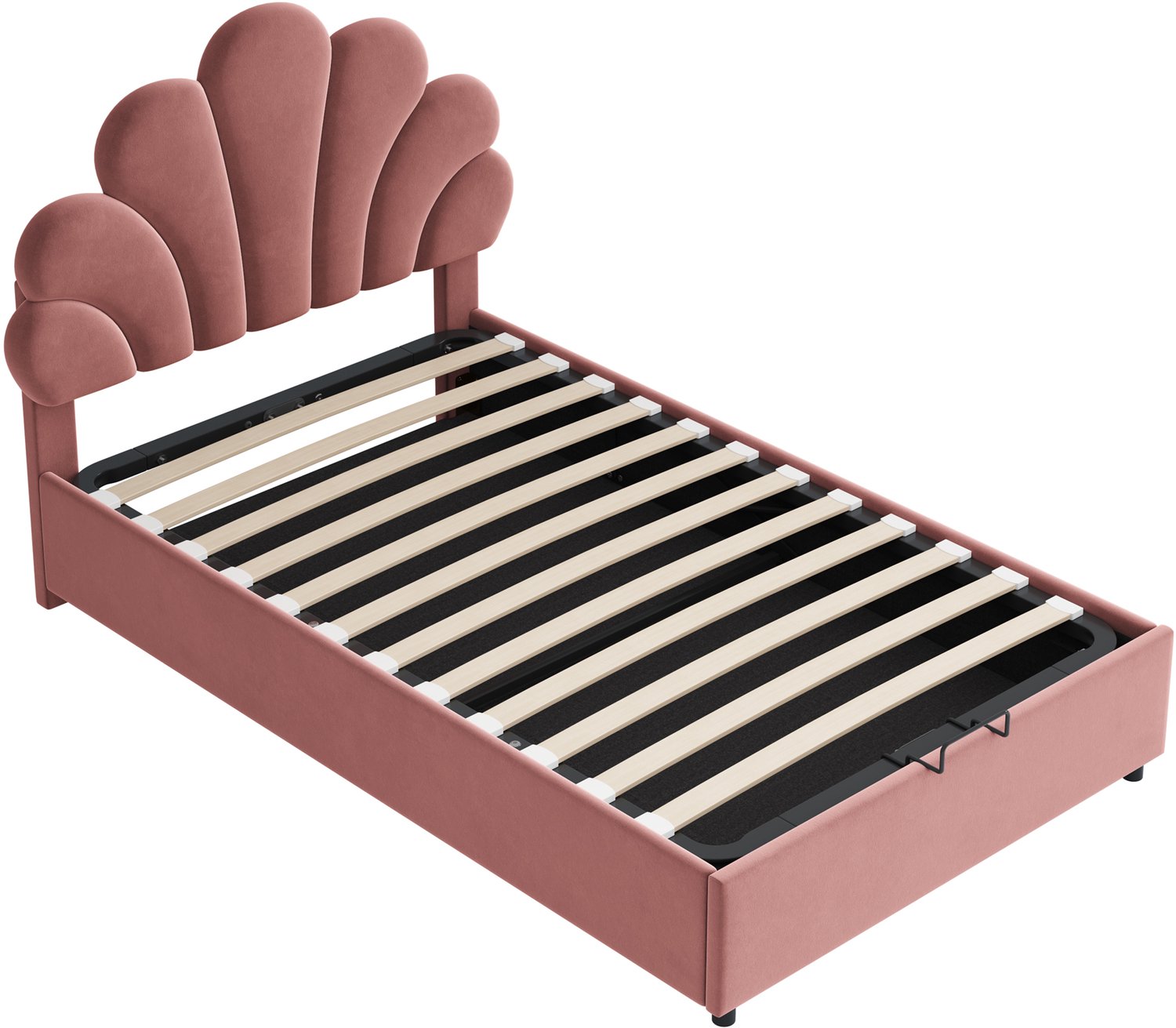 MUVANO Gestoffeerd kinderbed 90 x 200 cm - eenpersoonsbed met opbergruimte, verstelbaar bloemenhoofdbord, lattenbodem en roze velvet bekleding