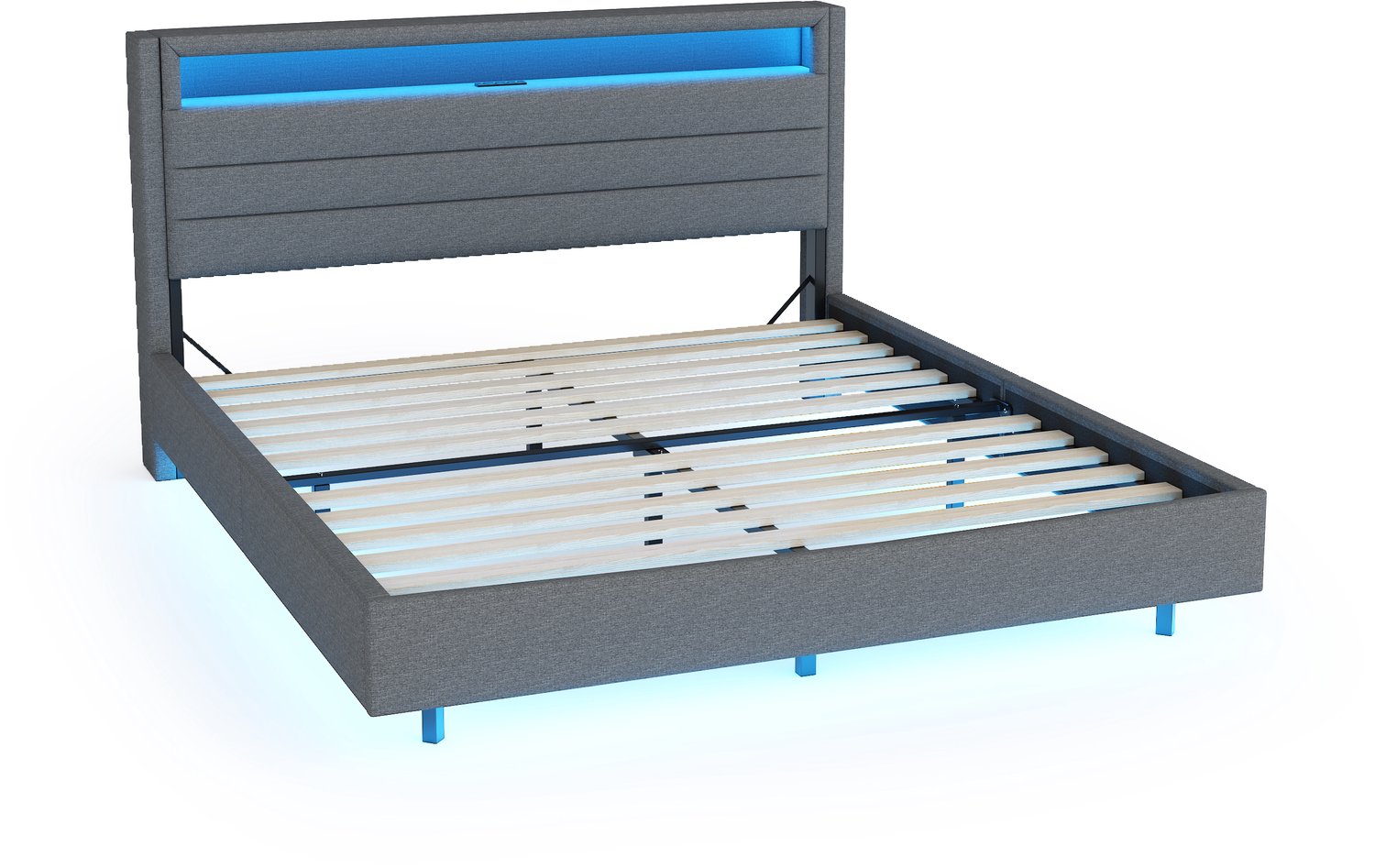 MUVANO Gestoffeerd bed 160 x 200 cm - bed met USB-aansluiting - kleurwisselende LED-verlichting - opklapbaar hoofdbord met opbergruimte - grijs linnen